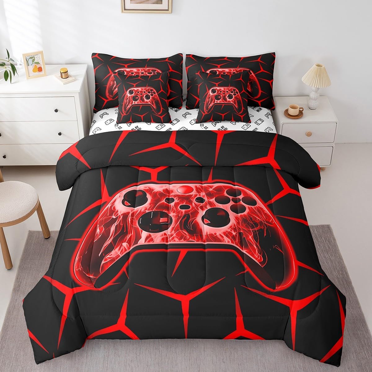 Feelyou Gamer Bedding Set Gamepad Comforter Set with Sheets 7 Piece for Boys Gaming Gifts Bed in a Bag Full Game Controller Red Bed Set with Comforter,Sheets,Cushion Covers - Image 3