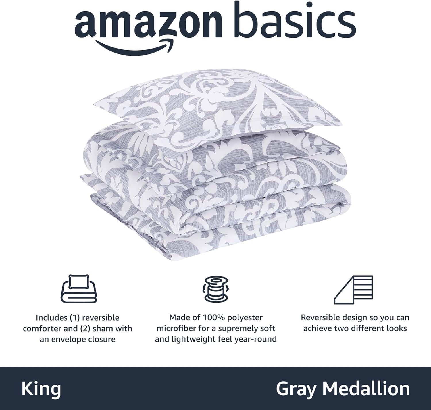 Amazon Basics King Size Comforter Sets, Ultra-Soft Lightweight Microfiber Reversible 3-Piece Bedding, Gray Medallion - Image 2