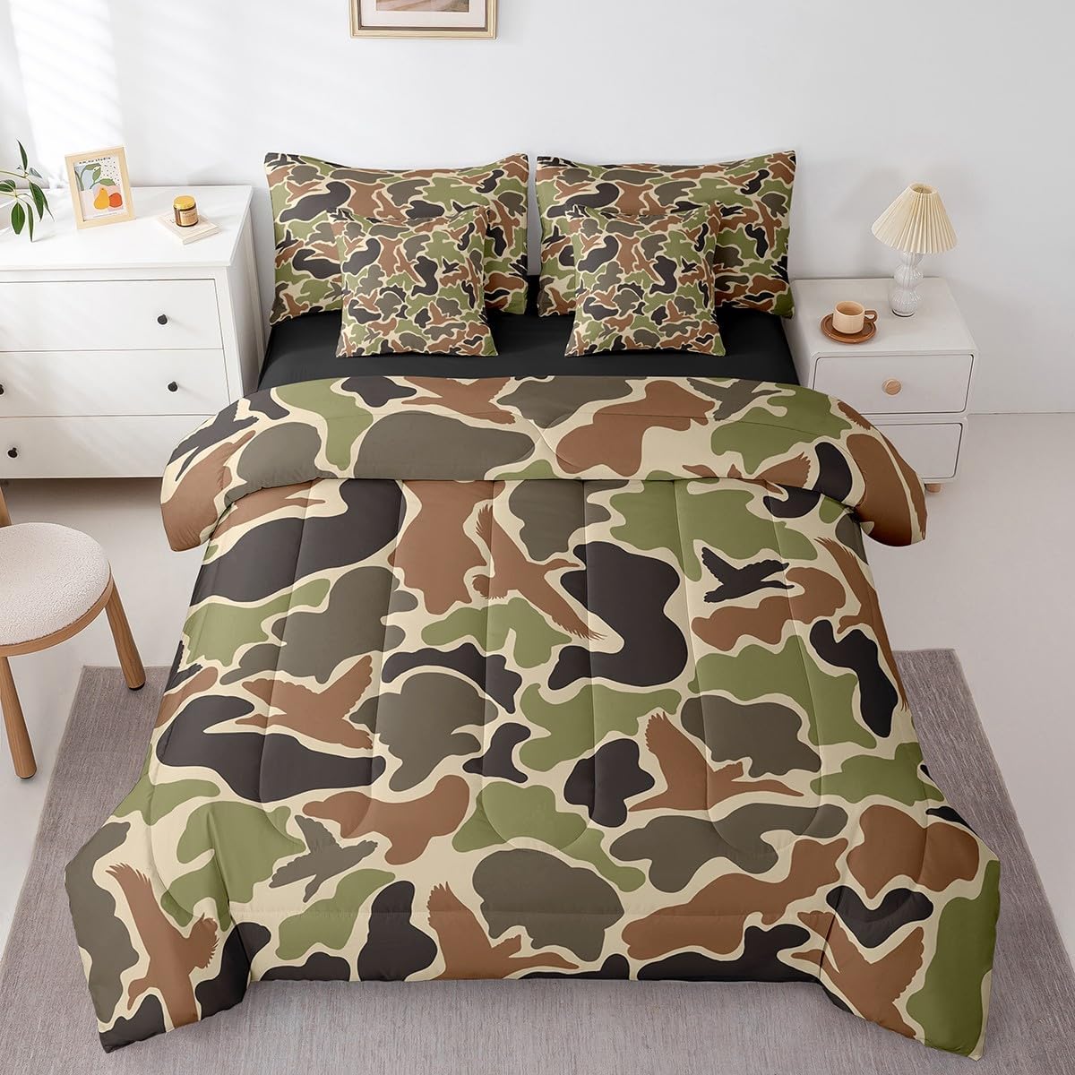 Feelyou Duck Hunter Green Camouflage Hunting 7 Pieces Bedding Set, Queen Size Black Brown All Season,Bed in a Bag with Comforter, Sheets, Pillowcases Camo Army Bed Set Breathable Wild Room Decor - Image 3