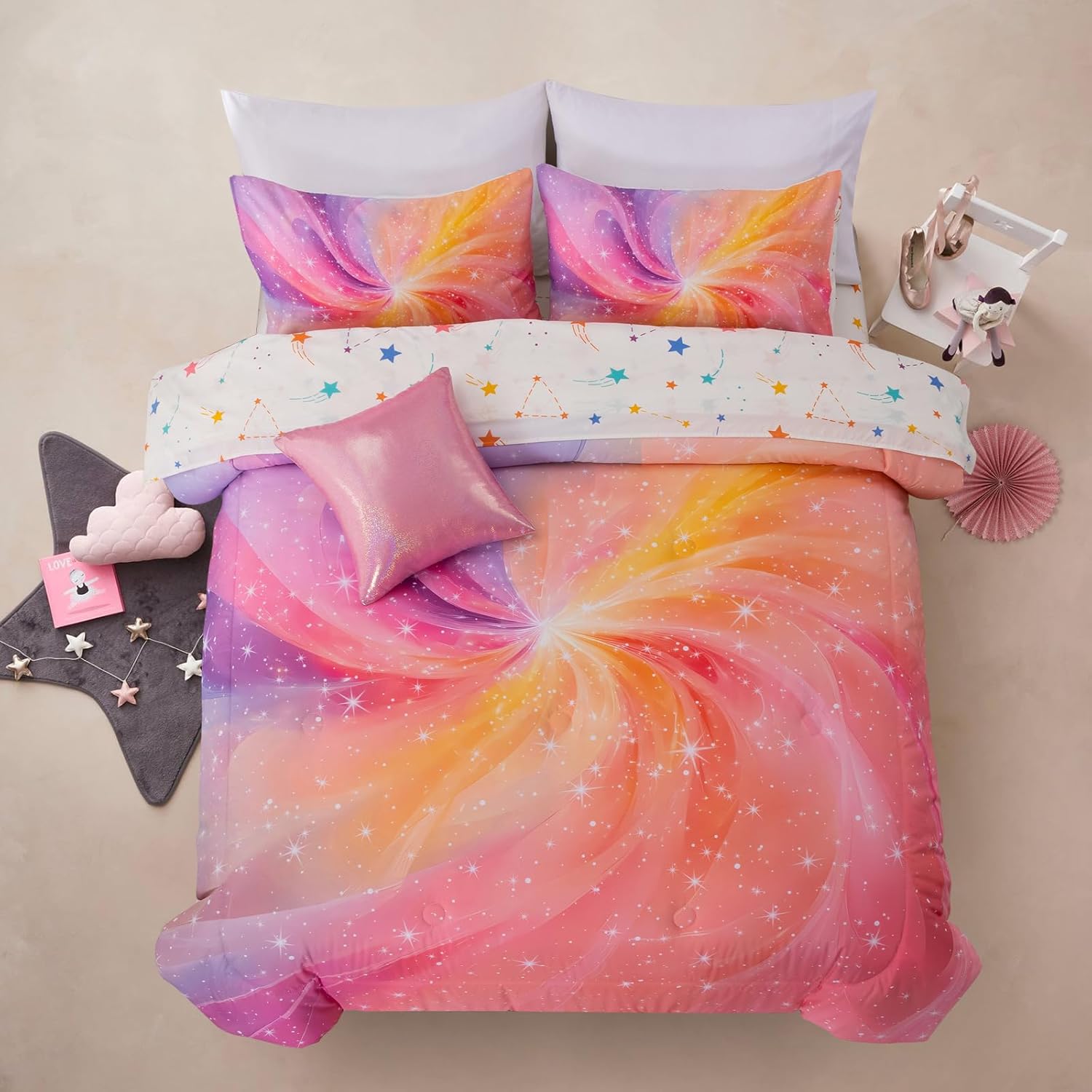 A Nice Night 6Pcs Gradient Glitter Bedding Set for Girls Full Size, Colorful Rainbow Galaxy Comforter Set, Ultra Soft Bedding Sets, Pink - Image 16
