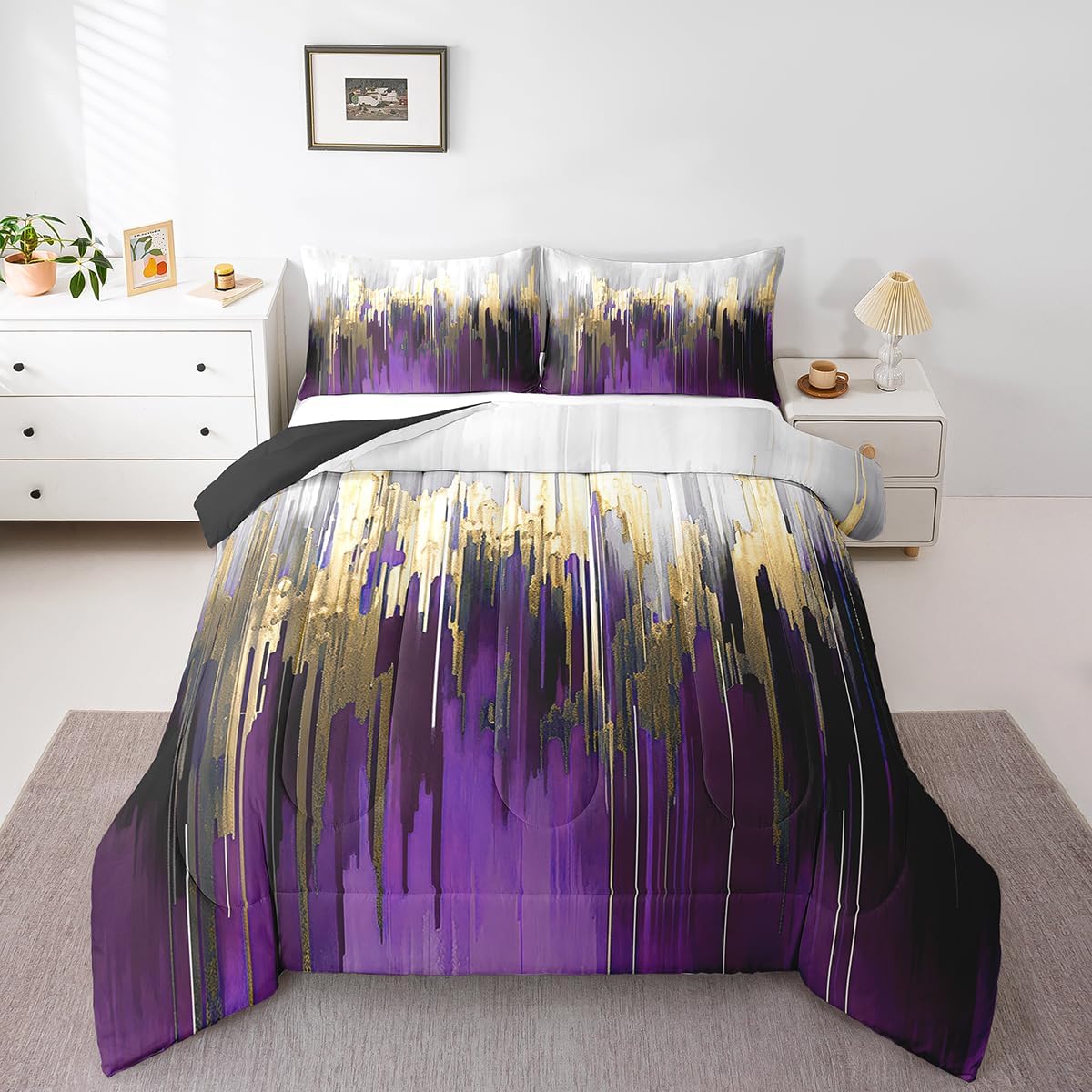 Erosebridal Black Grey Gold Comforter Set Queen Brush Strokes Oil Painting Bedding Set, Gradient Abstract Vintage Bedding Comforter Sets Ombre Graffiti Duvet Set, Contemporary Modern Quilted Comforter - Image 20