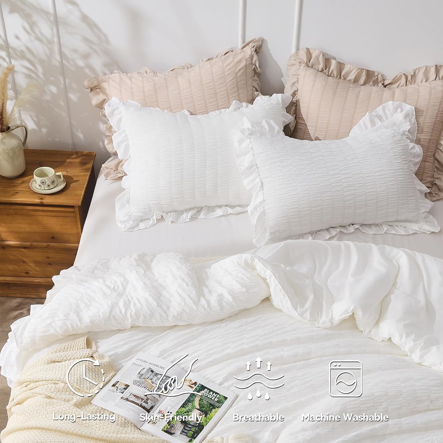 JOLLYVOGUE Queen Comforter Set, 3 Pieces White Seersucker Comforters Queen Size, Lightweight & Fluffy Bedding Sets Queen for All Season with 1 Ruffle Comforter and 2 Ruffle Pillowshams - Image 2