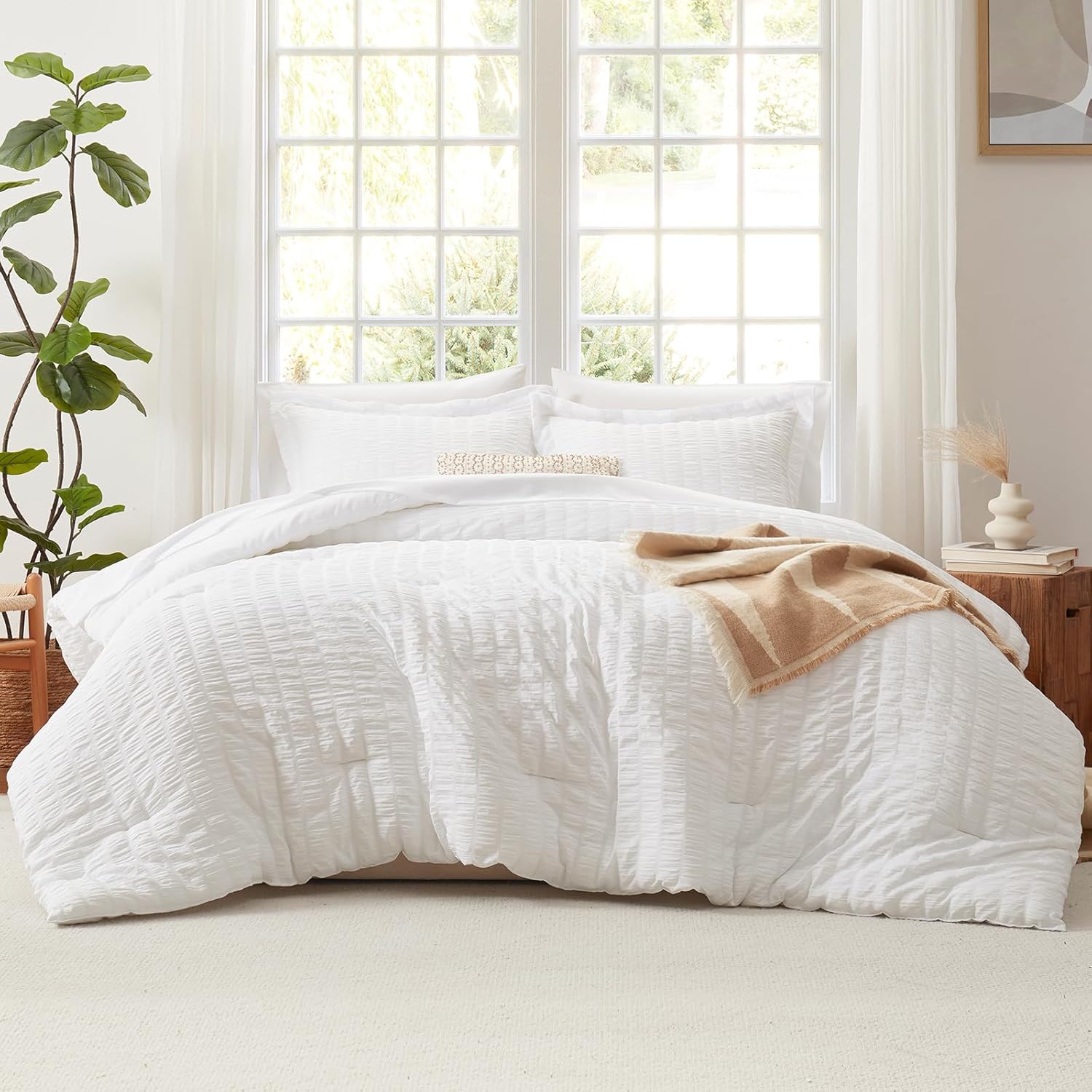 CozyLux Queen Comforter Set White Seersucker 7 Pieces Bed in a Bag Queen Comforter Set with Sheets, Luxury Soft Bedding Set with Down Alternative Comforter, Sheets, Pillowcases & Shams for All Seasons - Image 3