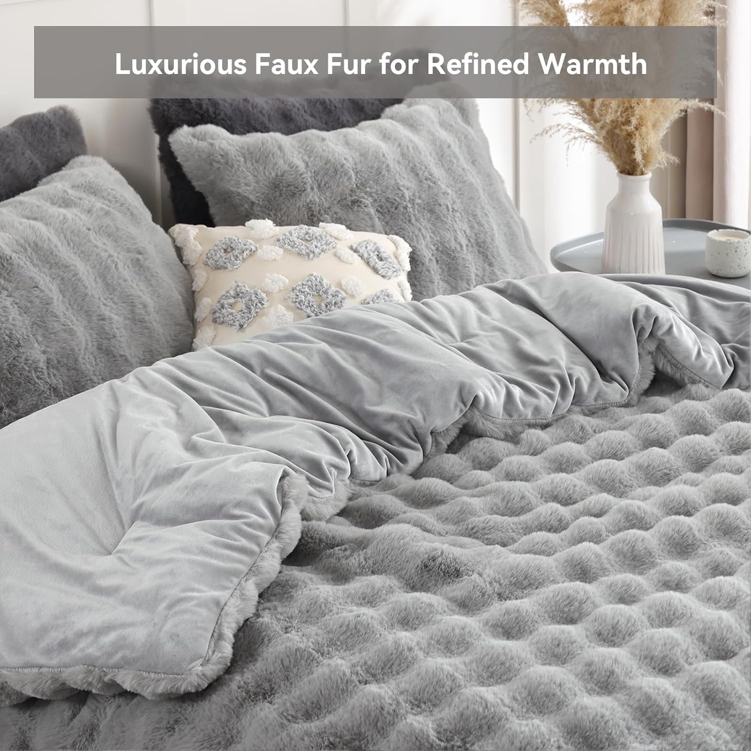 YIKUSH Light Gray Comforter Set King – Ultra Soft & Warm Faux Fur Comforter for Winter, Elegant Fluffy Comforter King Set with Pillowcases, Cozy Gray Bedding Set - Image 3