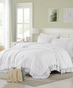 Cupocupa White Queen Comforter Set, 3Pcs Ruffle Comforters Queen/Full Size Farmhouse Bedding Sets with Comforter, Lightweight Fluffy Soft Shabby Chic Bedding Comforter Sets