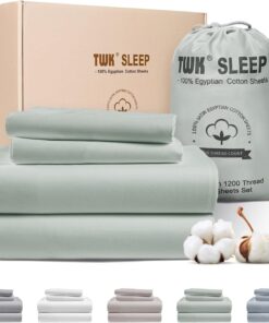 TWK 1200 TC 100% Egyptian Long-Staple Cotton Bedding Sheets Set, Luxury Hotel Style Deep Pocket with Elastic Reinforced Seams Sheet Set, Soft & Comfy Natural Sheets (Mineral, King)