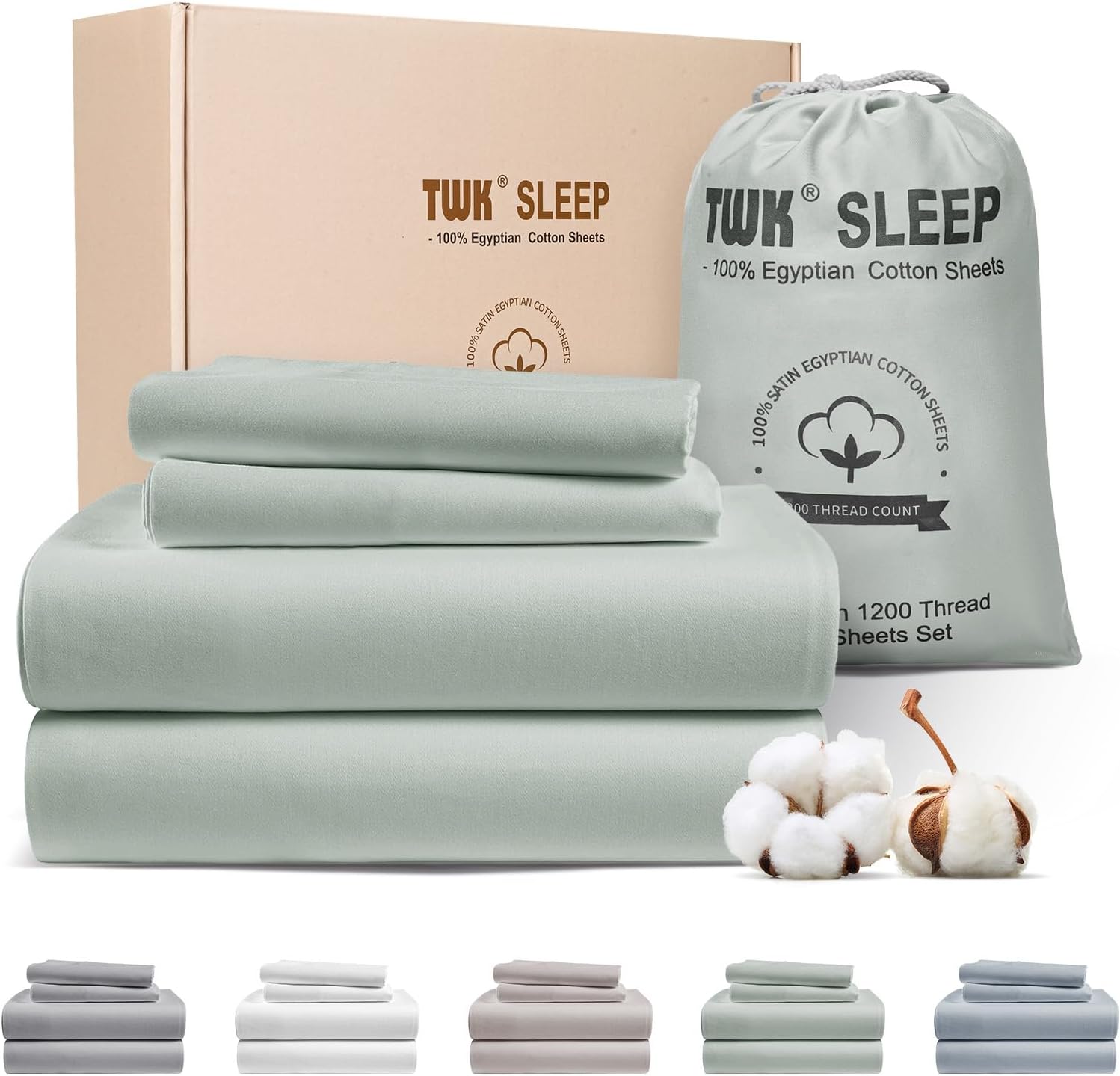 TWK 1200 TC 100% Egyptian Long-Staple Cotton Bedding Sheets Set, Luxury Hotel Style Deep Pocket with Elastic Reinforced Seams Sheet Set, Soft & Comfy Natural Sheets (Mineral, King)