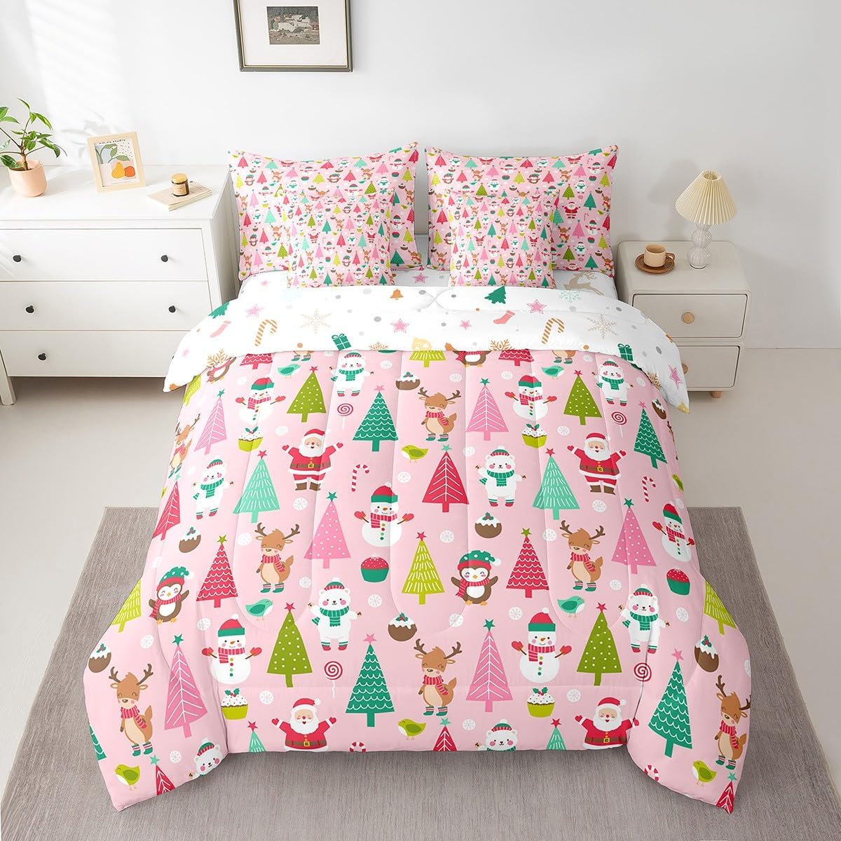 Pink Christmas 7 Piece Bedding Set Full Size Merry Christmas Snowman Bed in a Bag for Boys Girls Bedroom Decor Santa Claus Comforter Set with Sheets,Pillowcases & Cushion Cover Soft Xmas Tree Deer - Image 22
