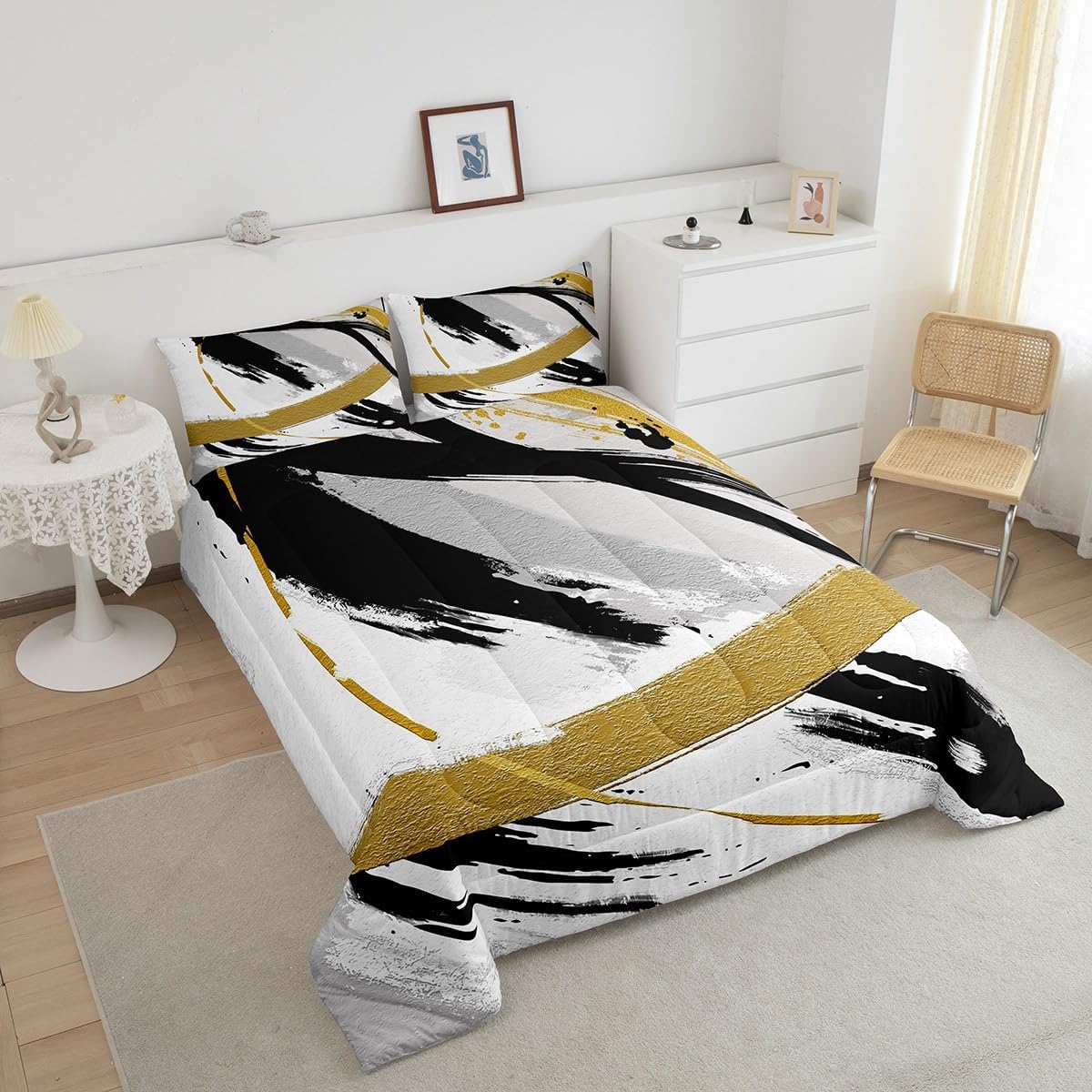 Erosebridal Black Grey Gold Comforter Set Queen Brush Strokes Oil Painting Bedding Set, Gradient Abstract Vintage Bedding Comforter Sets Ombre Graffiti Duvet Set, Contemporary Modern Quilted Comforter - Image 4