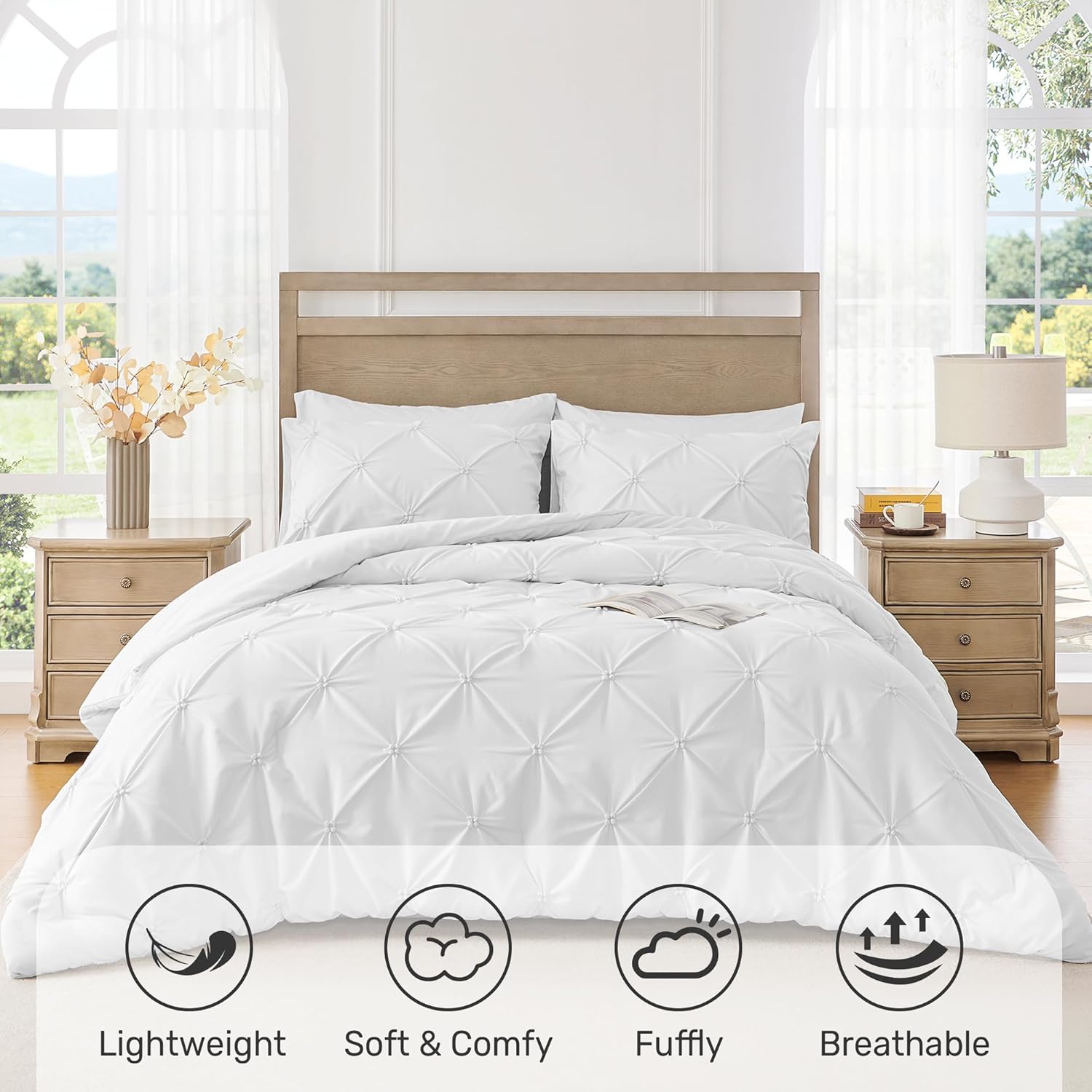 UNIKOME Queen Comforter Set White - Ultra Soft Boho Pintuck Down Alternative Bedding Set for Winter, All Seasons, 3 Pieces Warm Pinch Pleat Solid Bed Set with Comforter, 2 Pillowcases - Image 2