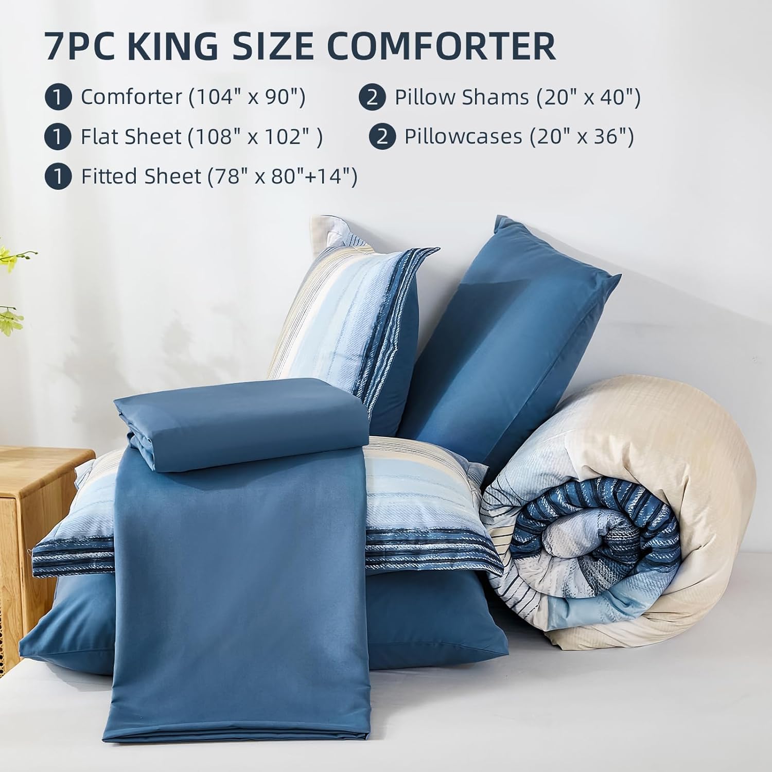 WONGS BEDDING Blue Comforter Set King Size, 7 Pieces King Bed in a Bag for All Season, Soft and Breathable Striped Bedding Set with Boho Comforter, Flat Sheet, Fitted Sheet, Pillowcases & Shams - Image 5