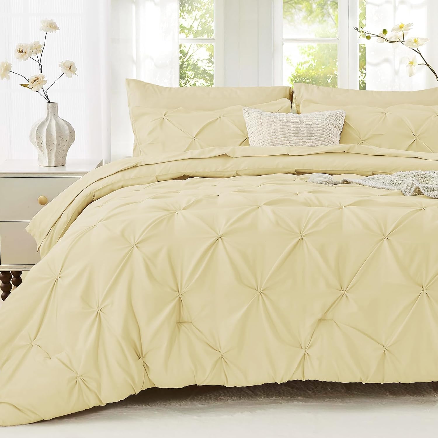 Sasttie Queen Comforter Set, 7-Piece Bed in a Bag, Pintuck Bedding Sets for All Season, Includes Comforter, Flat Sheet, Fitted Sheet, Pillowcases and Pillowshams, Beige - Image 25