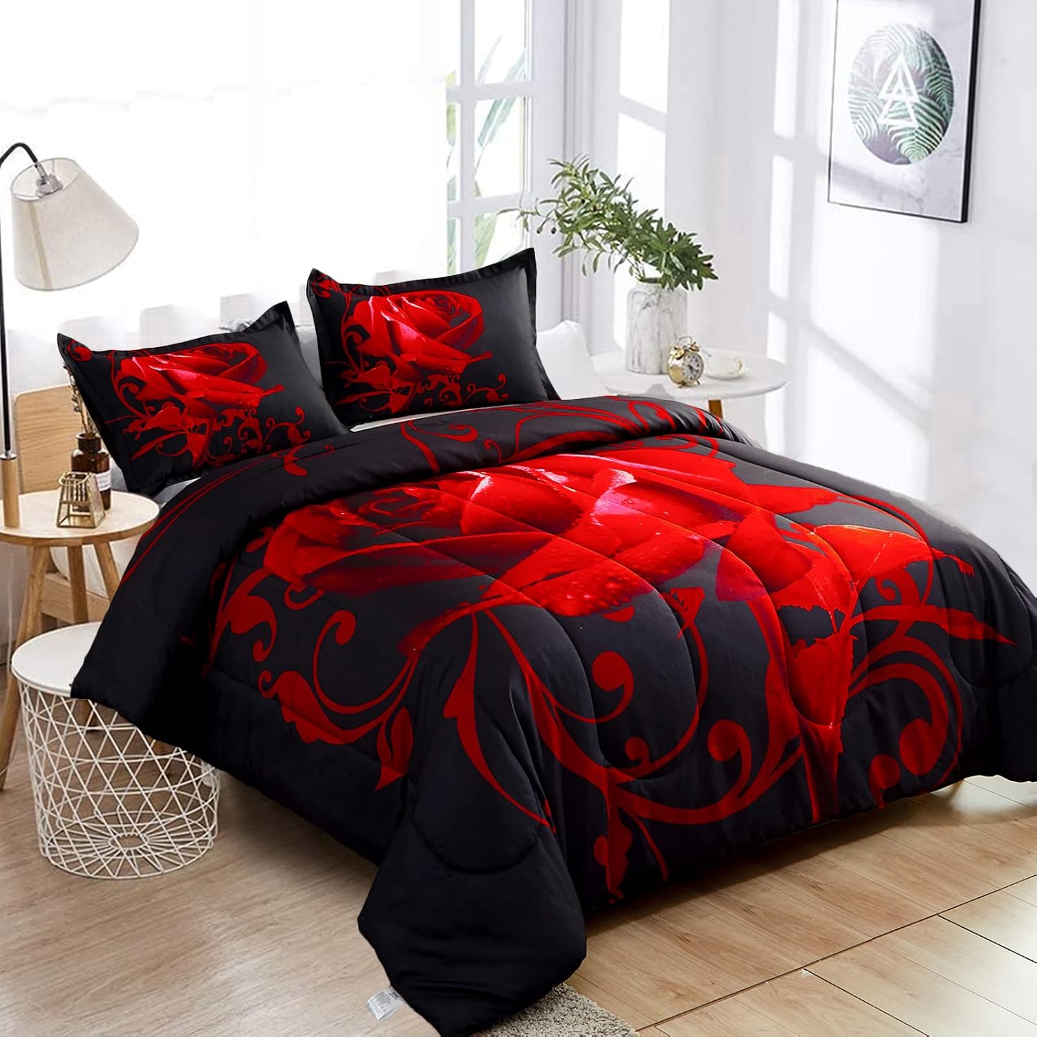 WONGS BEDDING Red Comforter Set Queen Reversible Red Rose Pattern Printed Bedding Down Comforter with 2 Pillowcases for All Seasons, Soft Microfiber Lightweight Bedding Set 90"x90" - Image 3