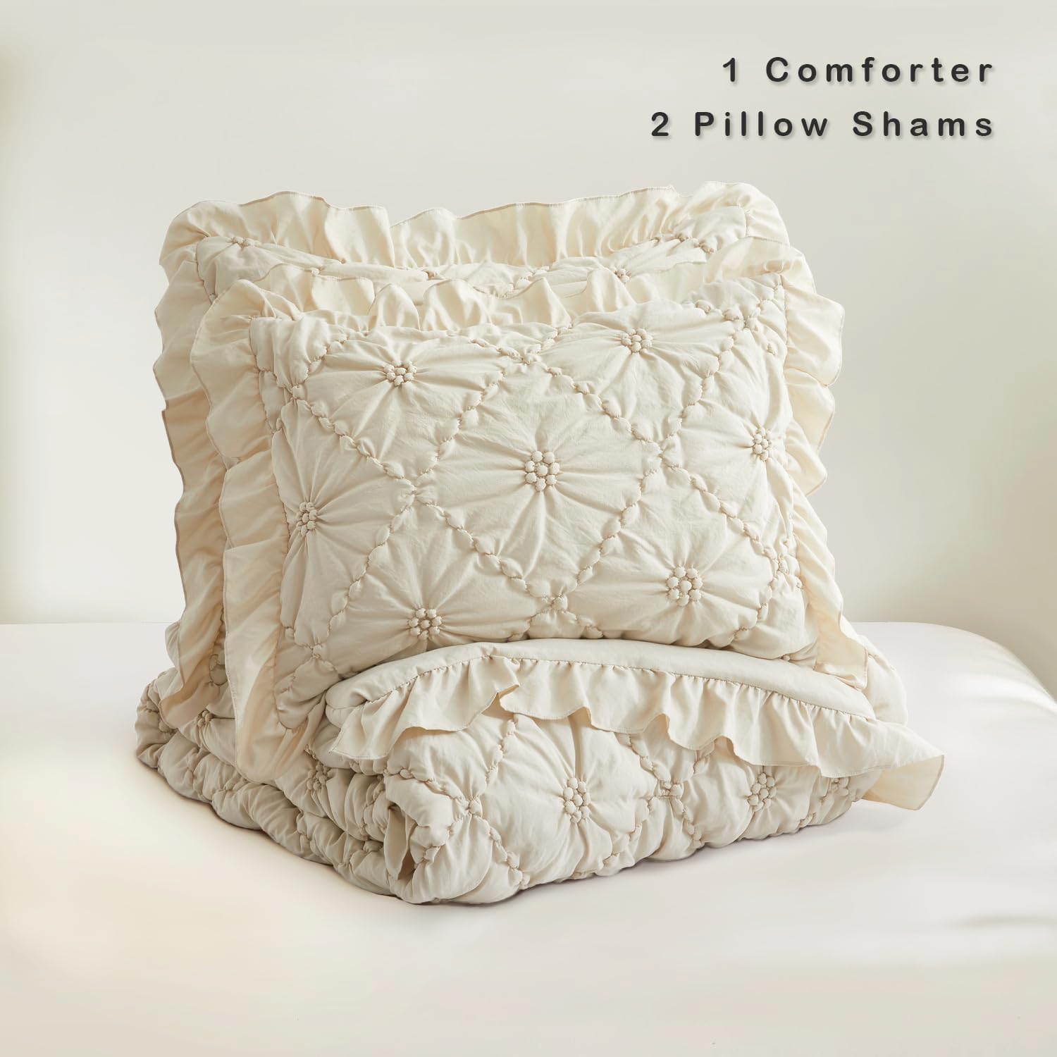 BEDAZZLED Queen Size Comforter Sets, Beige Bedding Comforter Set, 3 Pieces Pinch Pleat Bedding Sets with Comforter and Pillowcases Soft Farmhouse Shabby Chic Comforter for All Season - Image 5