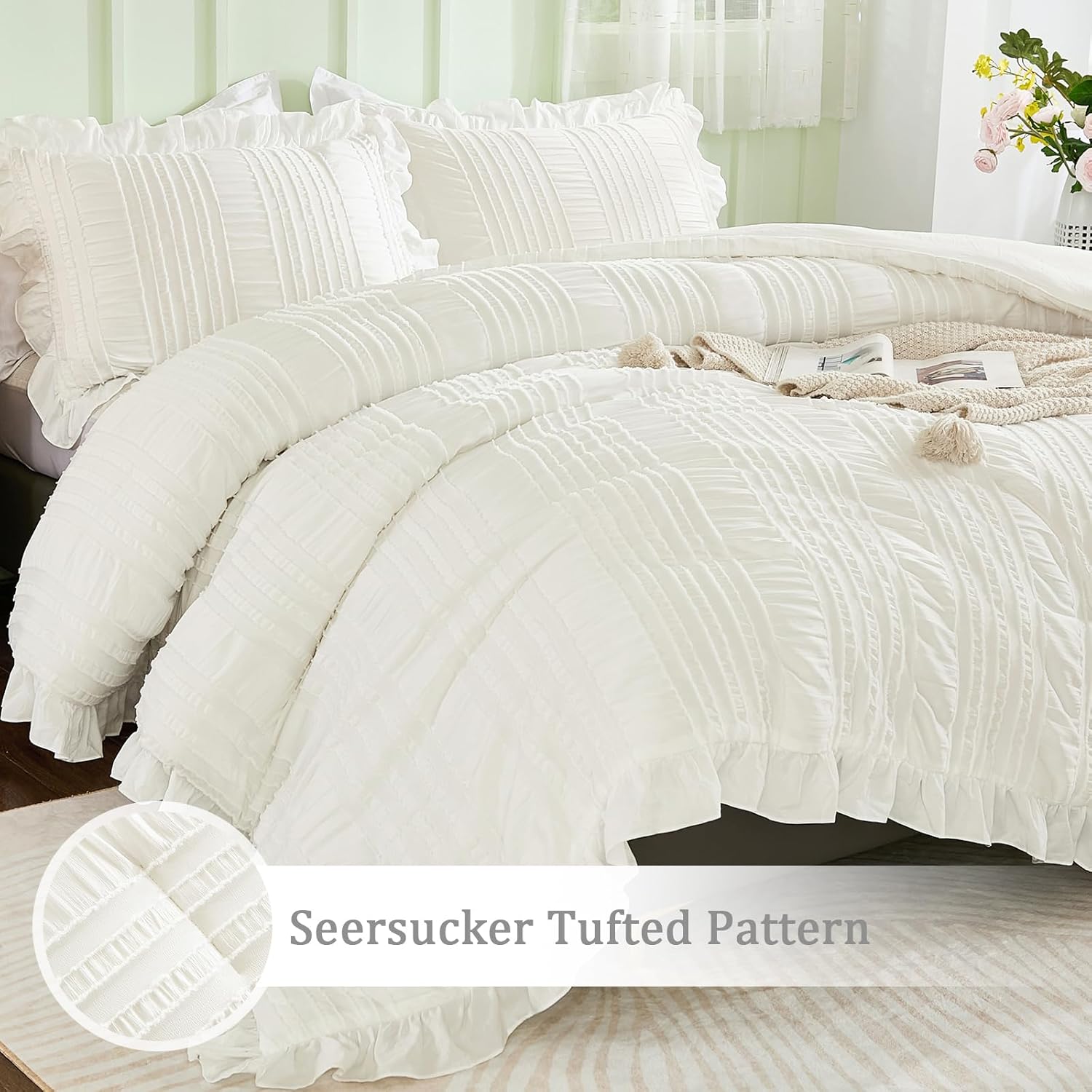 WONGS BEDDING White Queen Comforter Set,Boho Ruffle Comforter for Queen Bed,Soft Seersucker Shabby Chic Bedding Set with 1 Comforter,2 Tufted Pillowcases 90"×90" - Image 5