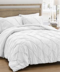 UNIKOME Queen Comforter Set White - Ultra Soft Boho Pintuck Down Alternative Bedding Set for Winter, All Seasons, 3 Pieces Warm Pinch Pleat Solid Bed Set with Comforter, 2 Pillowcases