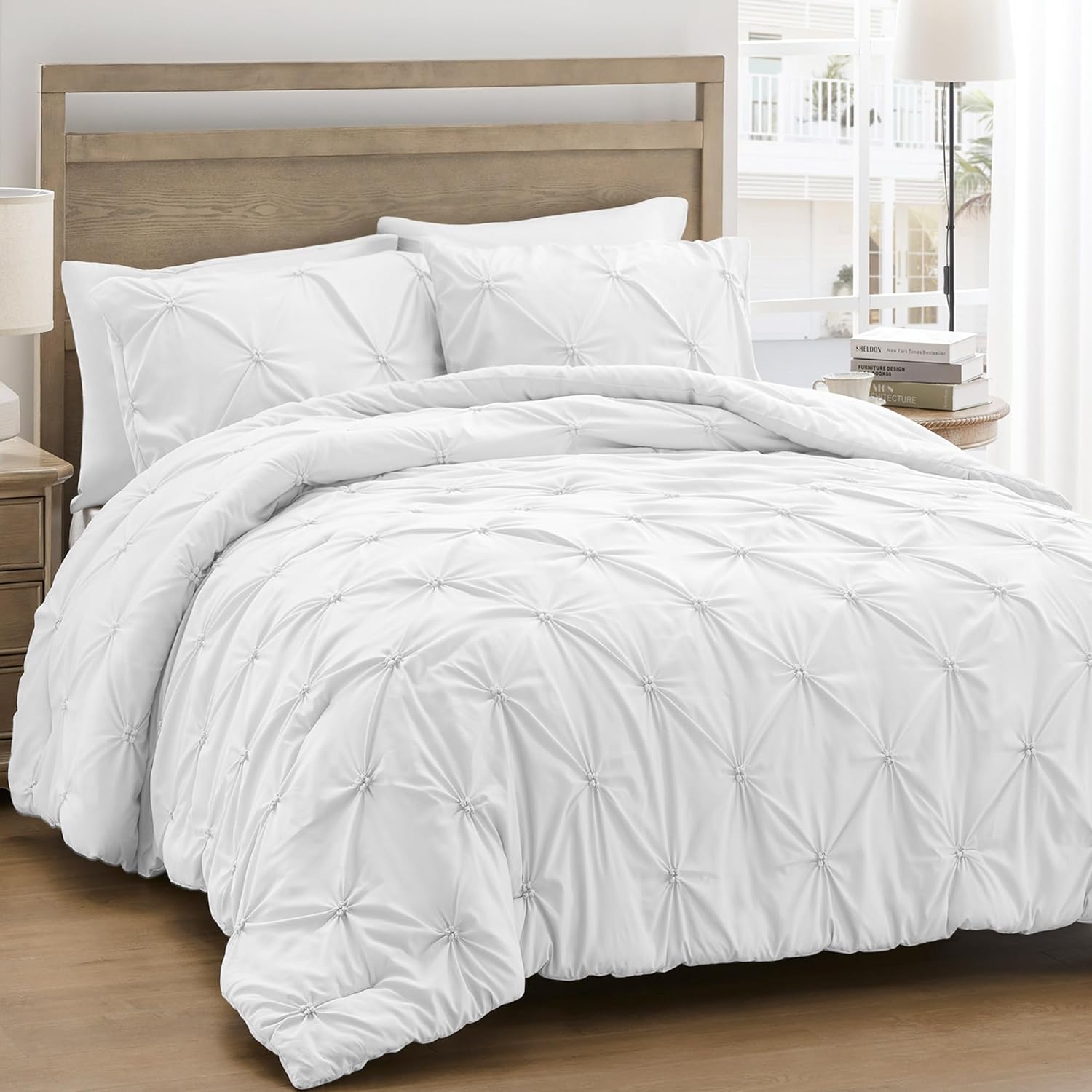 UNIKOME Queen Comforter Set White - Ultra Soft Boho Pintuck Down Alternative Bedding Set for Winter, All Seasons, 3 Pieces Warm Pinch Pleat Solid Bed Set with Comforter, 2 Pillowcases