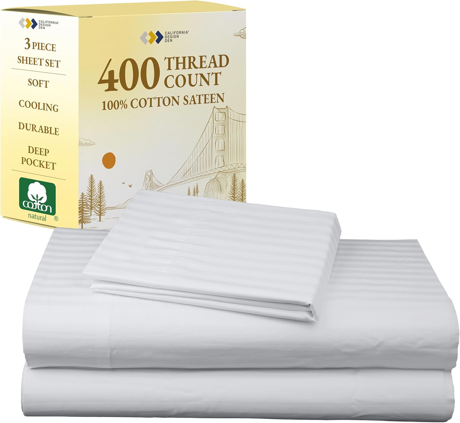 California Design Den King Size Sheets Set - Soft 400 Thread Count Sateen, Natural 100% Cotton Sheets King Size, Deep Pockets with All Around Elastic for a Snug Fit, Cool & Durable Bedding - White - Image 12