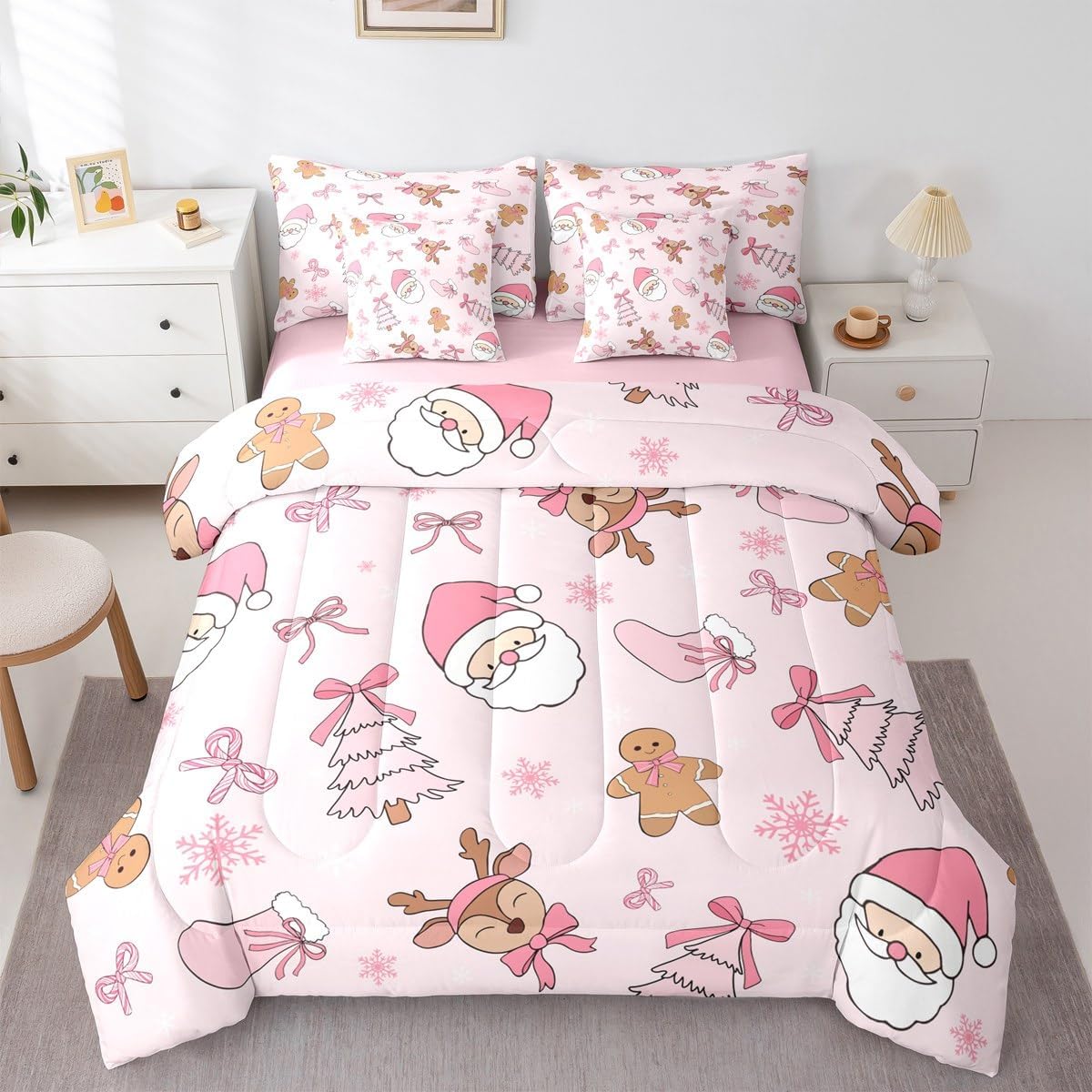 Pink Christmas 7 Piece Bedding Set Full Size Merry Christmas Snowman Bed in a Bag for Boys Girls Bedroom Decor Santa Claus Comforter Set with Sheets,Pillowcases & Cushion Cover Soft Xmas Tree Deer - Image 3
