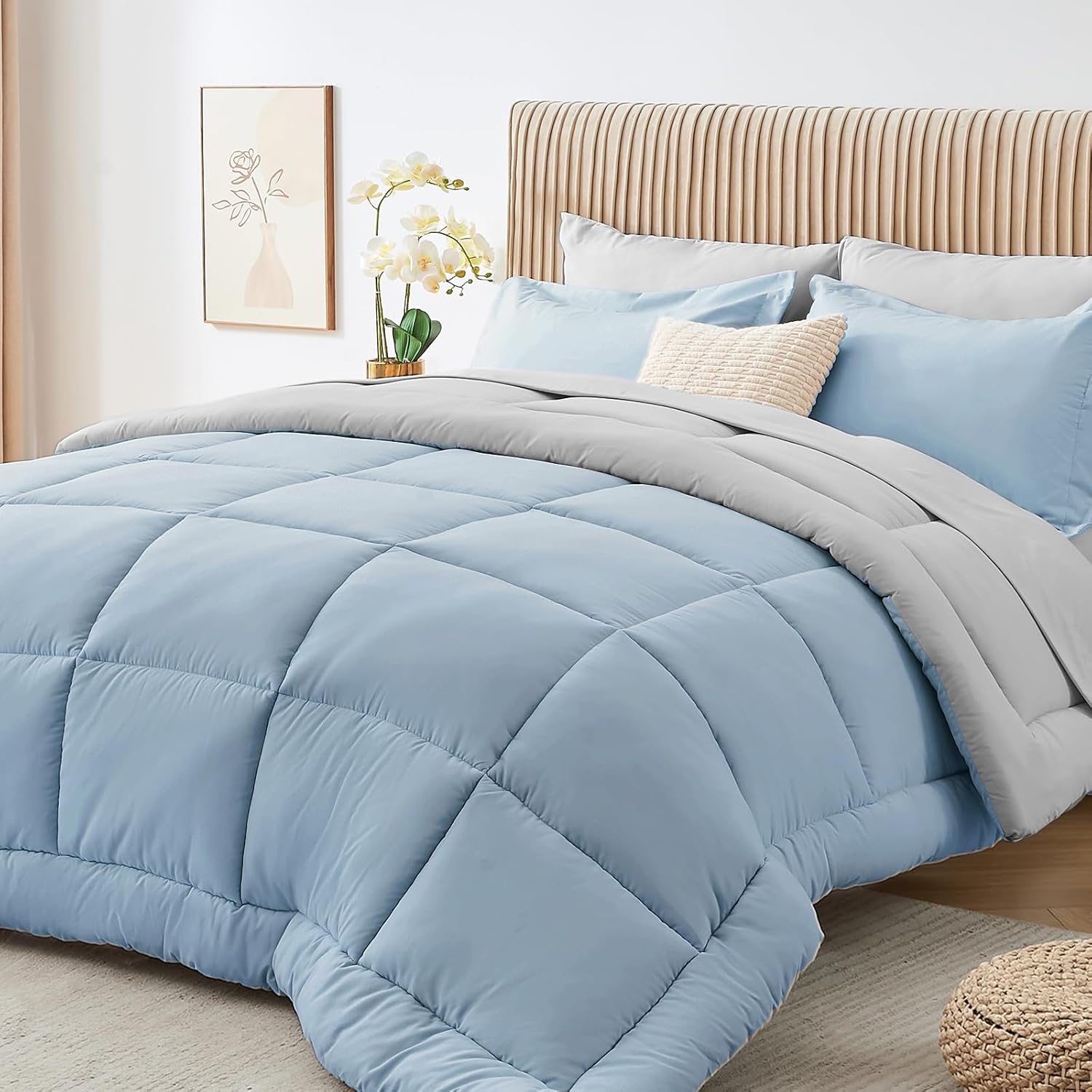 Sasttie Queen Comforter Set, 7 Pieces Bed in a Bag Queen, Complete Bedding Set Includes Grey Comforter, Flat Sheet, Fitted Sheet, Pillowcases and Pillow Shams, Dark Grey - Image 31