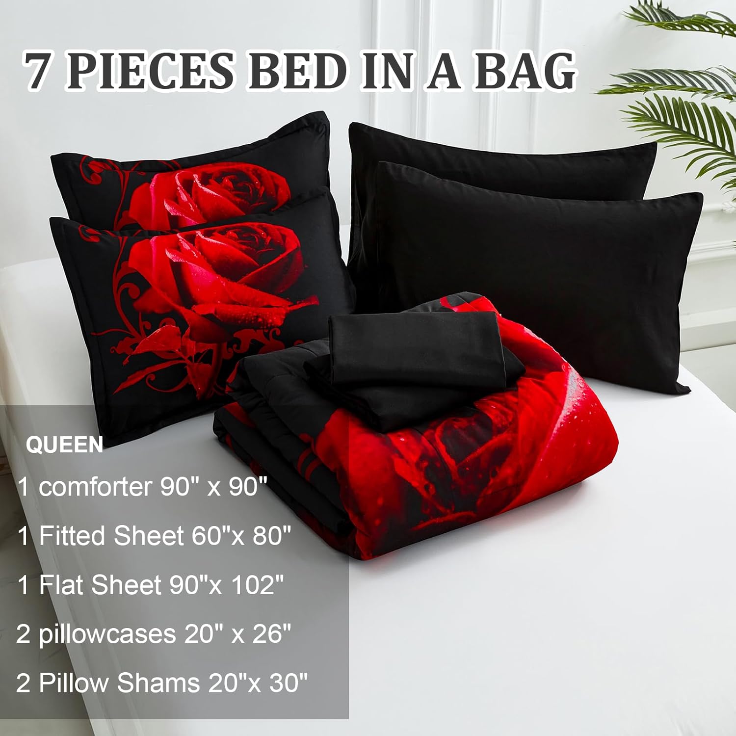 WONGS BEDDING Red Comforter Set Queen, Reversible Red Rose 7 Pieces Bed in a Bag, Lightweight Soft Microfiber Bedding Sets with Comforter, Flat Sheet, Fitted Sheet, Pillowcases & Shams - Image 4