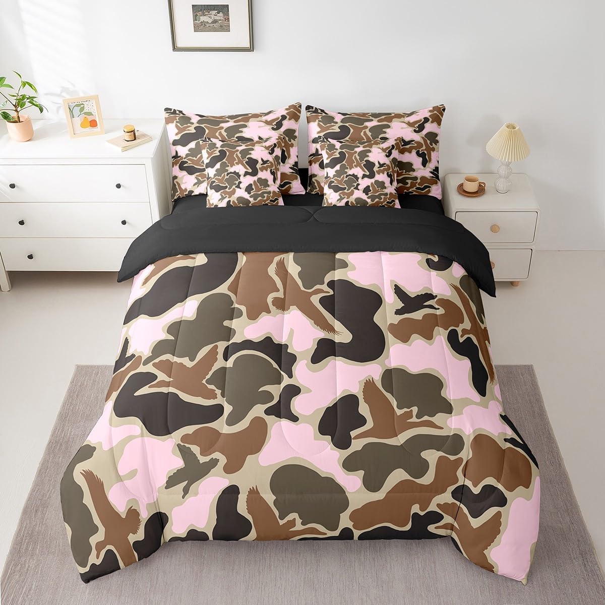Feelyou Duck Hunter Green Camouflage Hunting 7 Pieces Bedding Set, Queen Size Black Brown All Season,Bed in a Bag with Comforter, Sheets, Pillowcases Camo Army Bed Set Breathable Wild Room Decor - Image 42