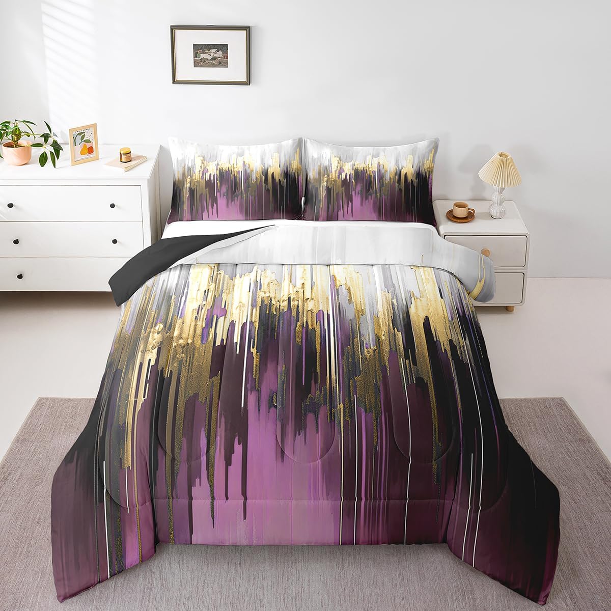 Erosebridal Black Grey Gold Comforter Set Queen Brush Strokes Oil Painting Bedding Set, Gradient Abstract Vintage Bedding Comforter Sets Ombre Graffiti Duvet Set, Contemporary Modern Quilted Comforter - Image 24
