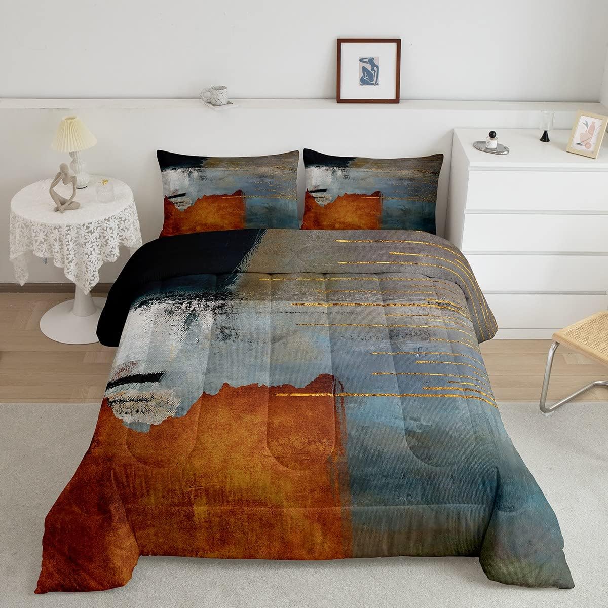 Erosebridal Black Grey Gold Comforter Set Queen Brush Strokes Oil Painting Bedding Set, Gradient Abstract Vintage Bedding Comforter Sets Ombre Graffiti Duvet Set, Contemporary Modern Quilted Comforter - Image 15