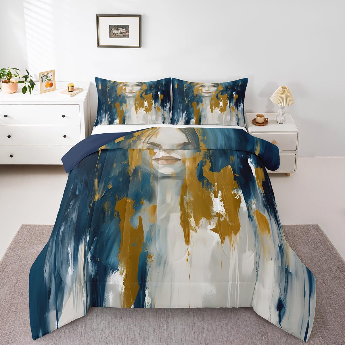 Erosebridal Black Grey Gold Comforter Set Queen Brush Strokes Oil Painting Bedding Set, Gradient Abstract Vintage Bedding Comforter Sets Ombre Graffiti Duvet Set, Contemporary Modern Quilted Comforter - Image 26