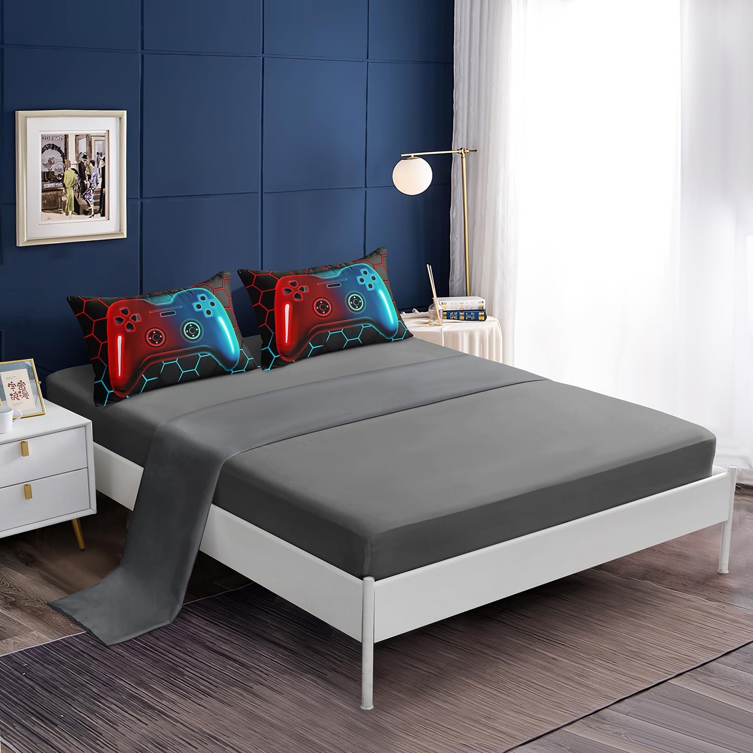 6 Pieces Bed in a Bag for Boys Bedding Sets Queen Size,Gamer Comforter Sets for Boys Kids, Gaming Comforter Set for Teens Room Decor with Flat Sheet,Fitted Sheet,Pillowcase,Cushion Cover - Image 3