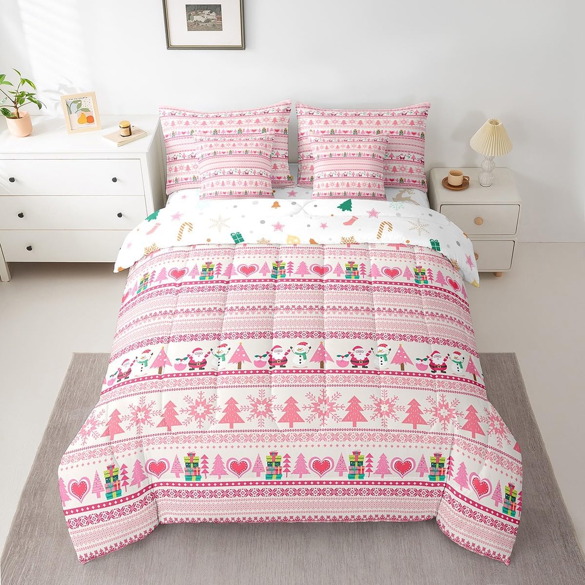 Pink Christmas 7 Piece Bedding Set Full Size Merry Christmas Snowman Bed in a Bag for Boys Girls Bedroom Decor Santa Claus Comforter Set with Sheets,Pillowcases & Cushion Cover Soft Xmas Tree Deer - Image 28