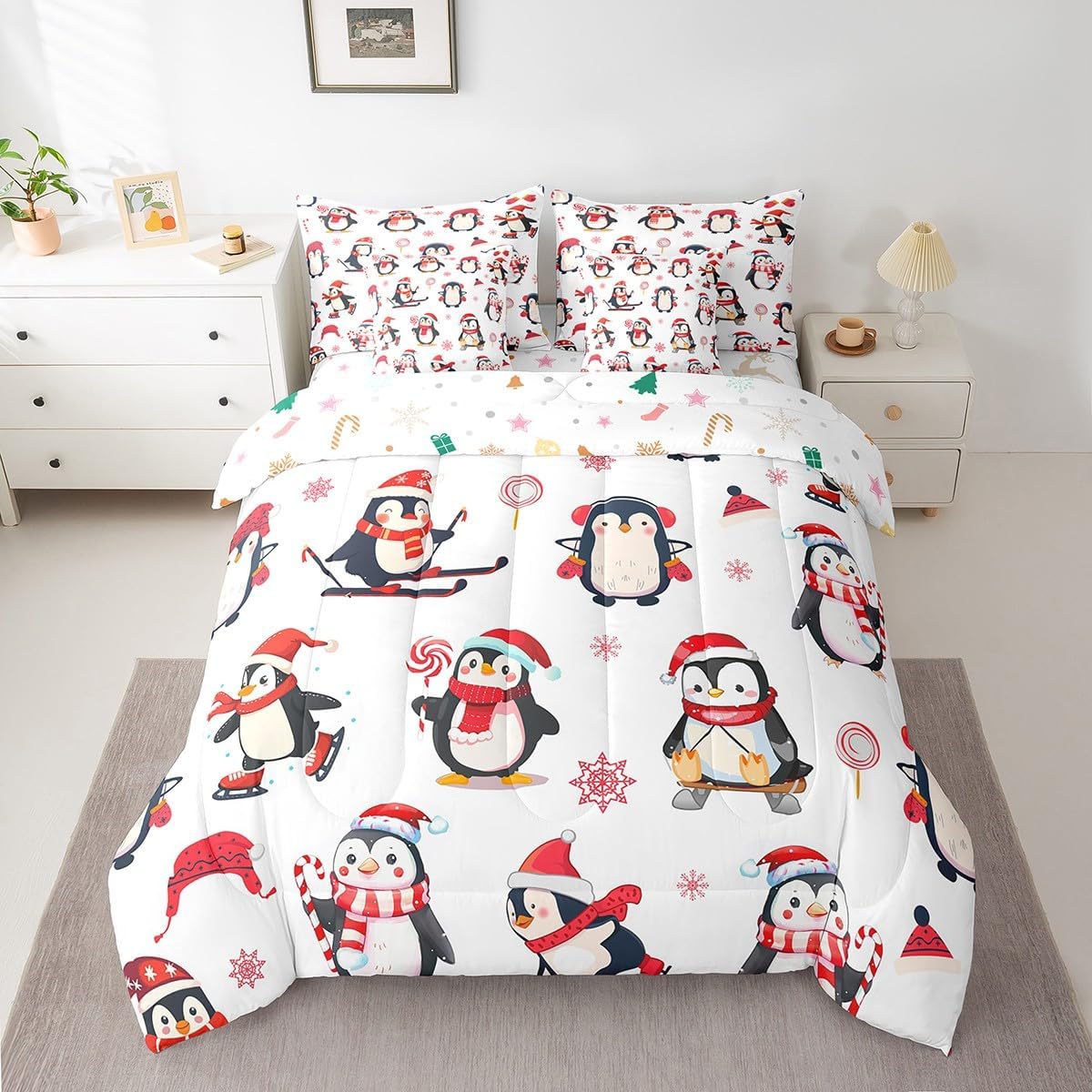 Pink Christmas 7 Piece Bedding Set Full Size Merry Christmas Snowman Bed in a Bag for Boys Girls Bedroom Decor Santa Claus Comforter Set with Sheets,Pillowcases & Cushion Cover Soft Xmas Tree Deer - Image 46