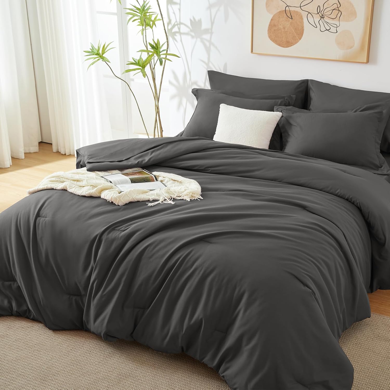 Dark Grey Queen Comforter Set, 7 Pieces Bed in a Bag Queen Lightweight Bedding Set, All Season Soft 7PC Bed Set with Comforter, Flat Sheet, Fitted Sheet, Pillowcases & Pillow Shams - Image 6