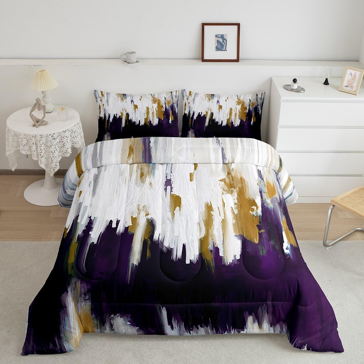 Erosebridal Black Grey Gold Comforter Set Queen Brush Strokes Oil Painting Bedding Set, Gradient Abstract Vintage Bedding Comforter Sets Ombre Graffiti Duvet Set, Contemporary Modern Quilted Comforter - Image 38