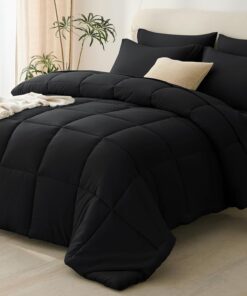CozyLux Queen Comforter Set Black - 7 Pieces Bed in a Bag Queen, All Season Soft Bedding Set, Oeko-Tex Certified Reversible Bed Set with Down Alternative Comforter, Sheets, Pillowcases & Pillow Shams