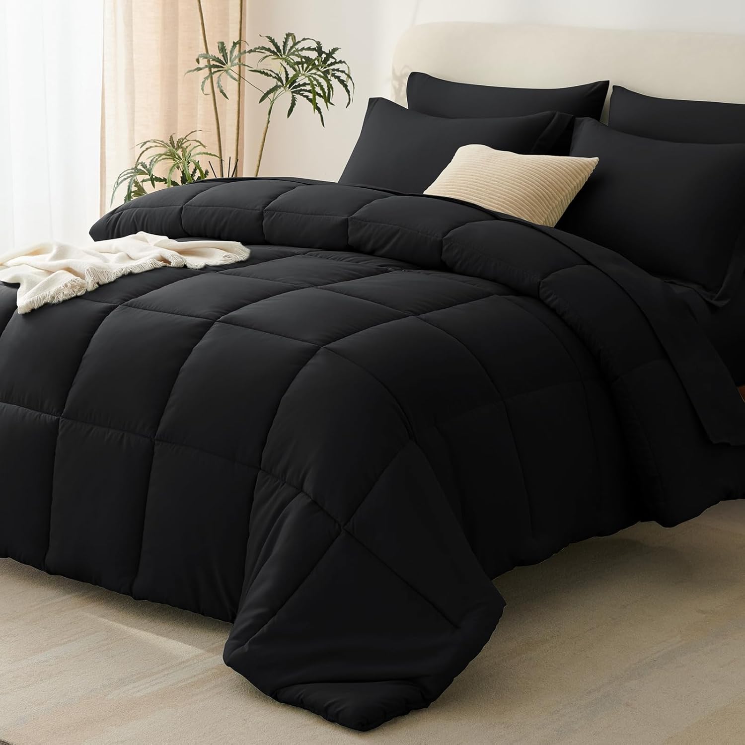 CozyLux Queen Comforter Set Black - 7 Pieces Bed in a Bag Queen, All Season Soft Bedding Set, Oeko-Tex Certified Reversible Bed Set with Down Alternative Comforter, Sheets, Pillowcases & Pillow Shams