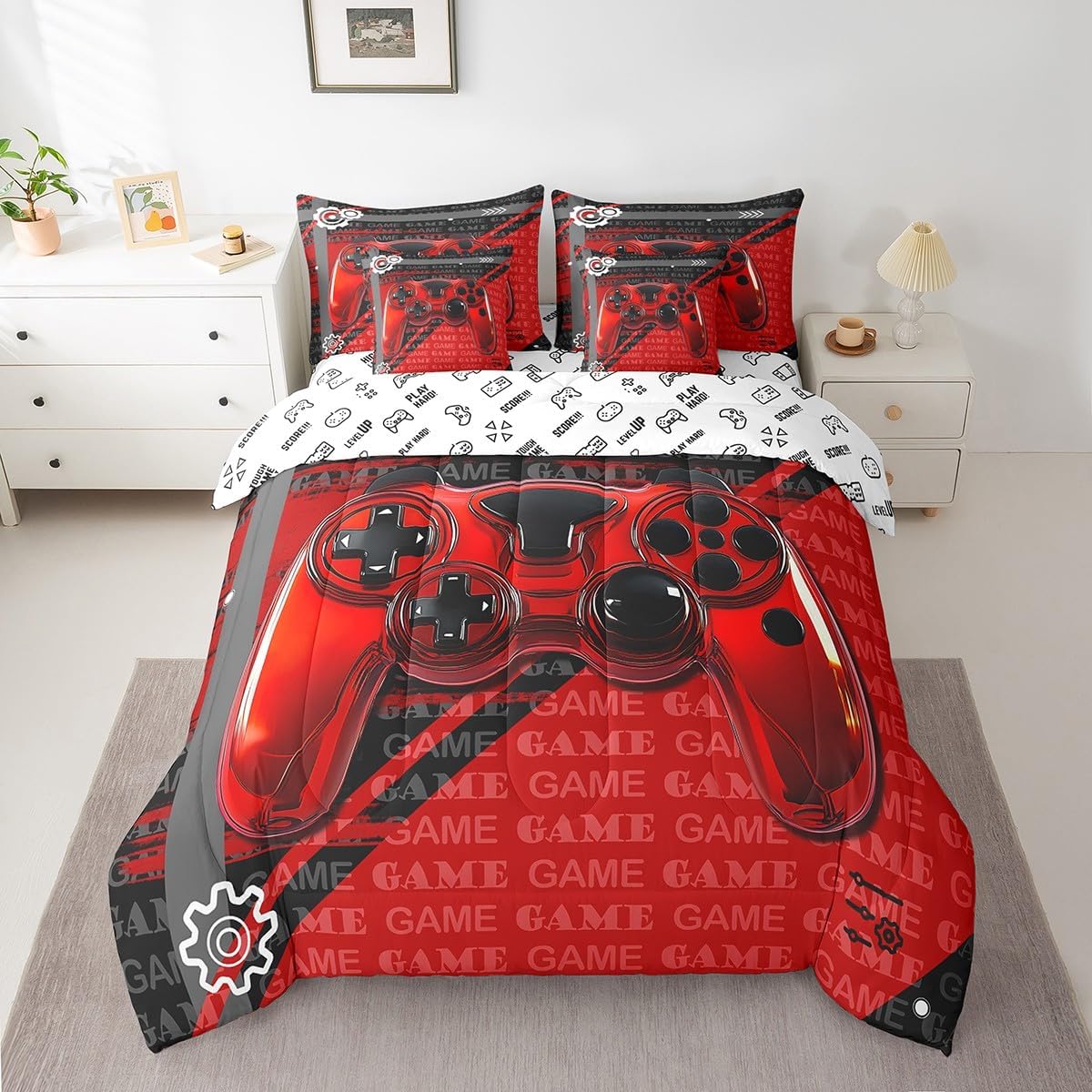 Feelyou Gamer Bedding Set Gamepad Comforter Set with Sheets 7 Piece for Boys Gaming Gifts Bed in a Bag Full Game Controller Red Bed Set with Comforter,Sheets,Cushion Covers - Image 11
