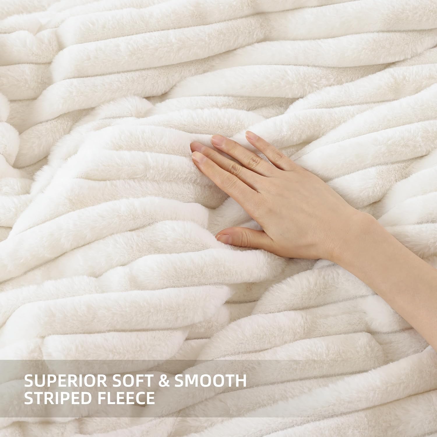 Smoofy Fluffy Queen Comforter Set 3 Pieces - Cream White Fleece Fluffy Comforter Set, Luxury Fuzzy Queen Bedding Set, Soft Warm Bed Set All Season, Heavy Faux Fur Comforter with 2 Pillow Cases - Image 5