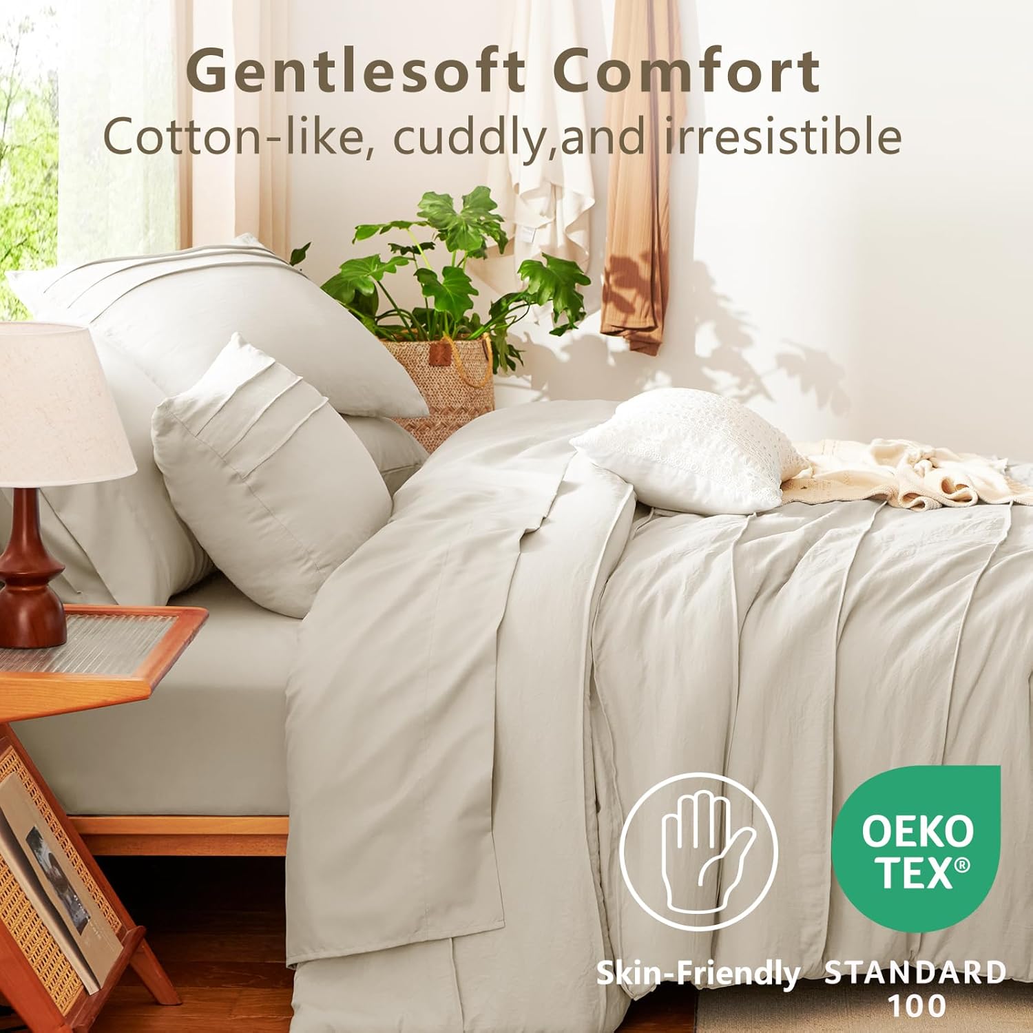 CozyLux King Size Comforter Set Beige, 7 Pieces Soft Pinch Pleat Bed in a Bag King Comforter Set with Sheets, Boho Bed Set with Down Alternative Comforter, Sheets, Pillowcases & Shams - Image 3