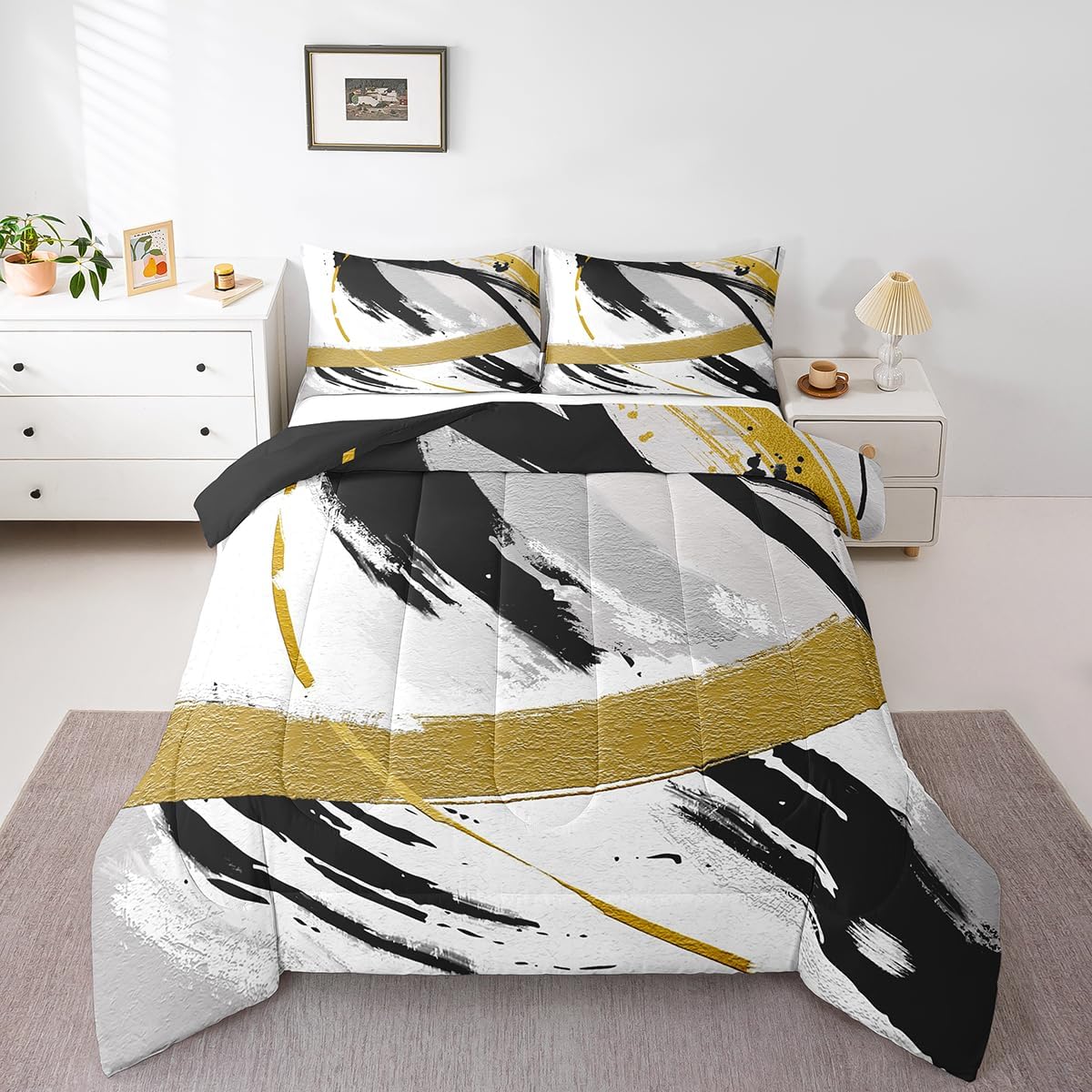 Erosebridal Black Grey Gold Comforter Set Queen Brush Strokes Oil Painting Bedding Set, Gradient Abstract Vintage Bedding Comforter Sets Ombre Graffiti Duvet Set, Contemporary Modern Quilted Comforter - Image 3