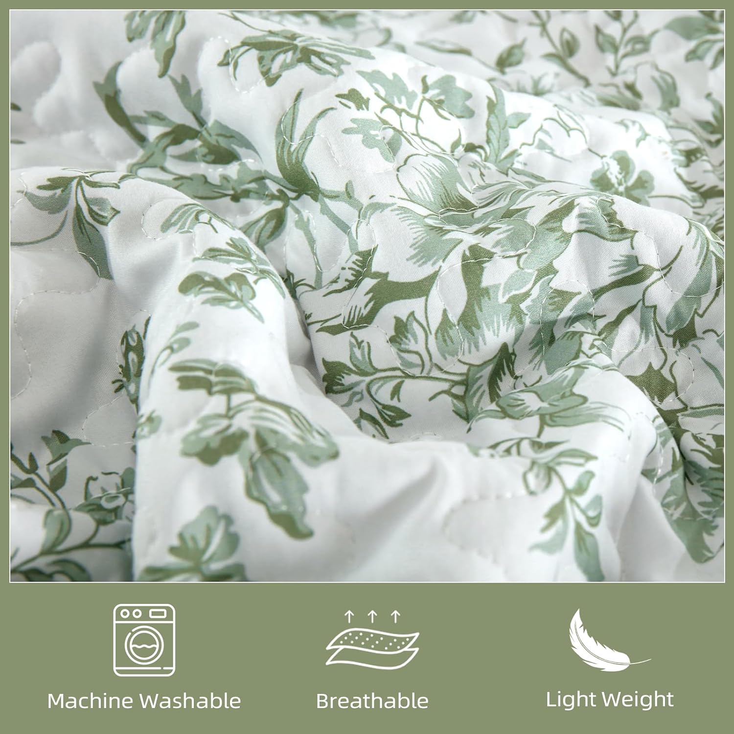 WONGS BDEEING Quilt Queen Size, Sage Green Quilt Bedding Set with 2 Pillowcases, Botanical Quilt for Queen Bed, Soft Microfiber Lightweight Coverlet Bedspread for All Season (96"×90", 3 Pieces) - Image 5