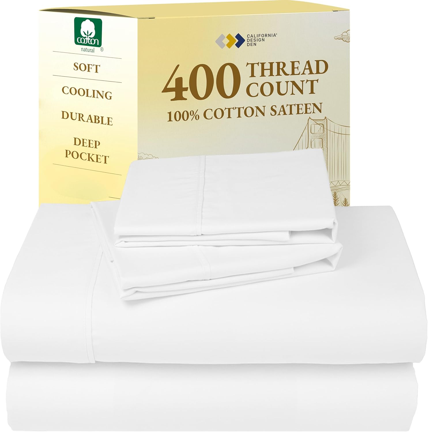 California Design Den King Size Sheets Set - Soft 400 Thread Count Sateen, Natural 100% Cotton Sheets King Size, Deep Pockets with All Around Elastic for a Snug Fit, Cool & Durable Bedding - White - Image 17