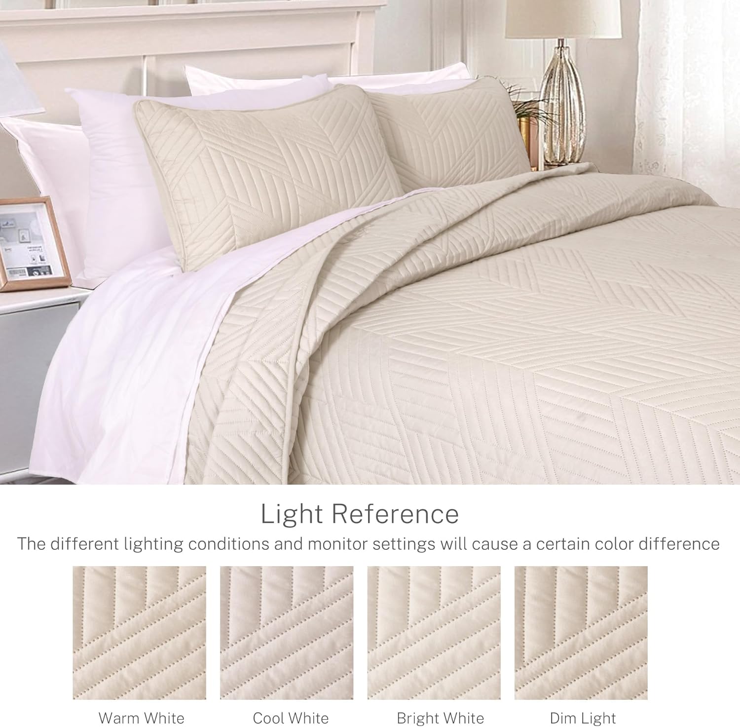 Exclusivo Mezcla Ultrasonic King Quilt Bedding Set, Lightweight Brich Beige Bedspreads Soft Modern Geometric Coverlet Set for All Seasons (1 Quilt and 2 Pillow Shams) - Image 3