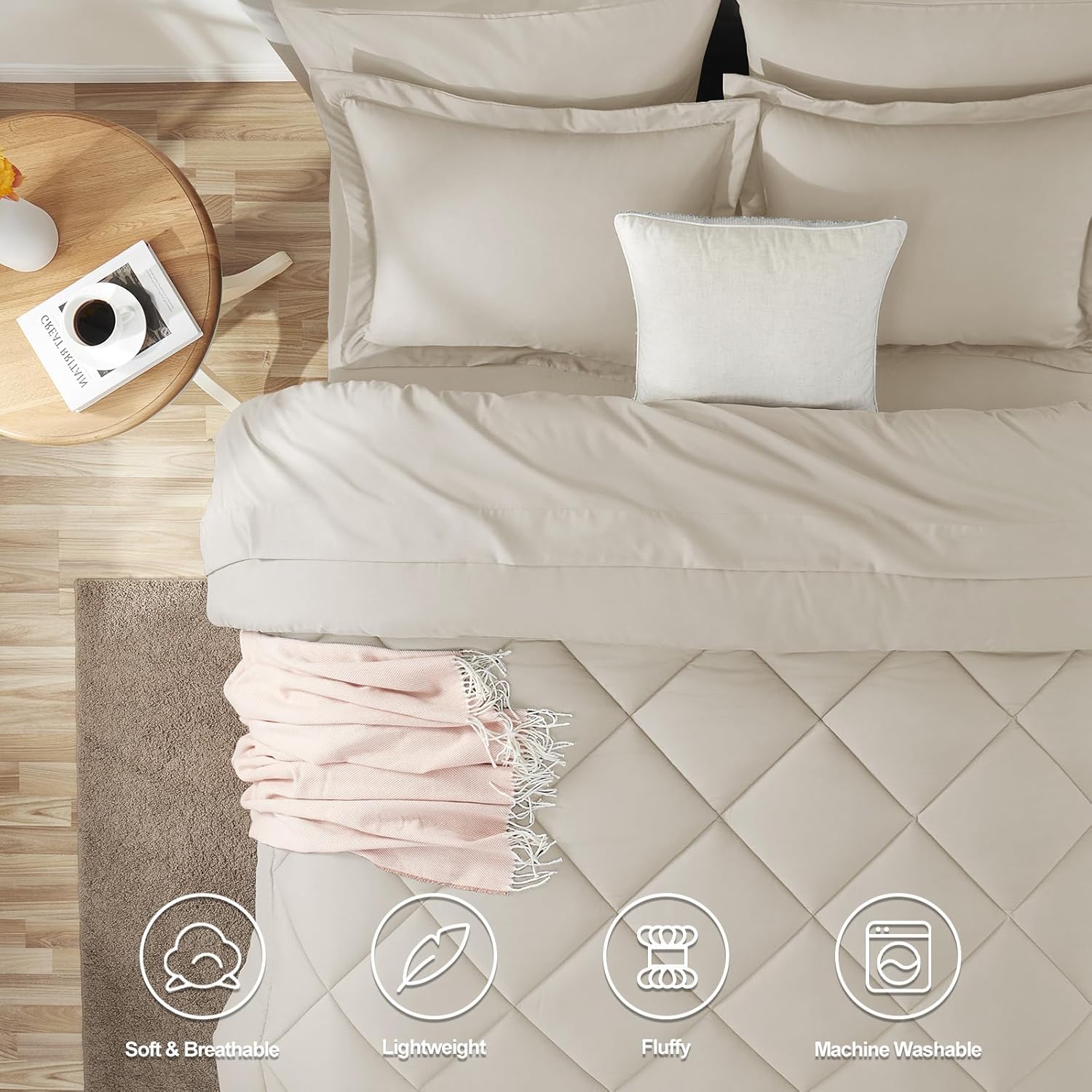 CozyLux Queen Comforter Set Beige - Bed in a Bag Queen Size 7 Pieces, Luxury Soft Bed Set for All Seasons, Bedding Set with Down Alternative Comforter, Sheets, Pillowcases & Shams - Image 2