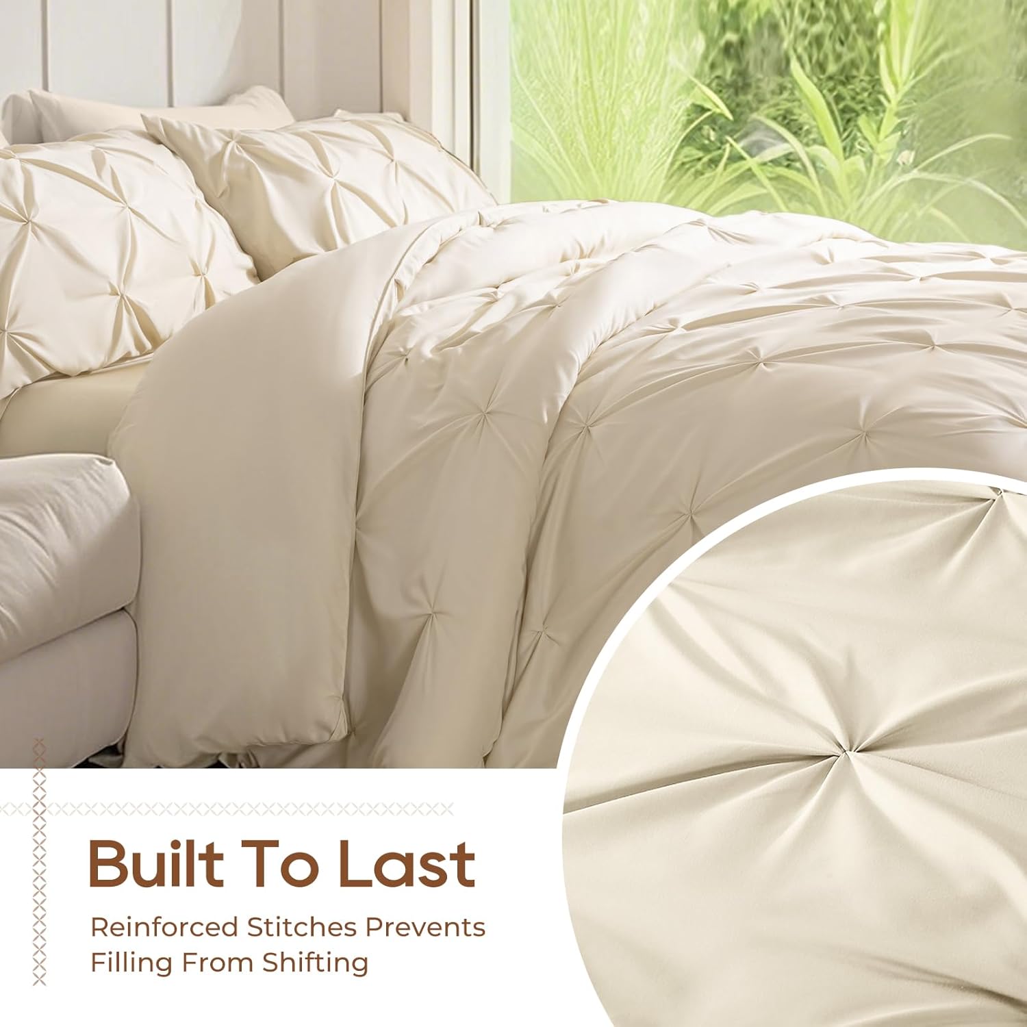 Sasttie Queen Comforter Set, 7-Piece Bed in a Bag, Pintuck Bedding Sets for All Season, Includes Comforter, Flat Sheet, Fitted Sheet, Pillowcases and Pillowshams, Beige - Image 6