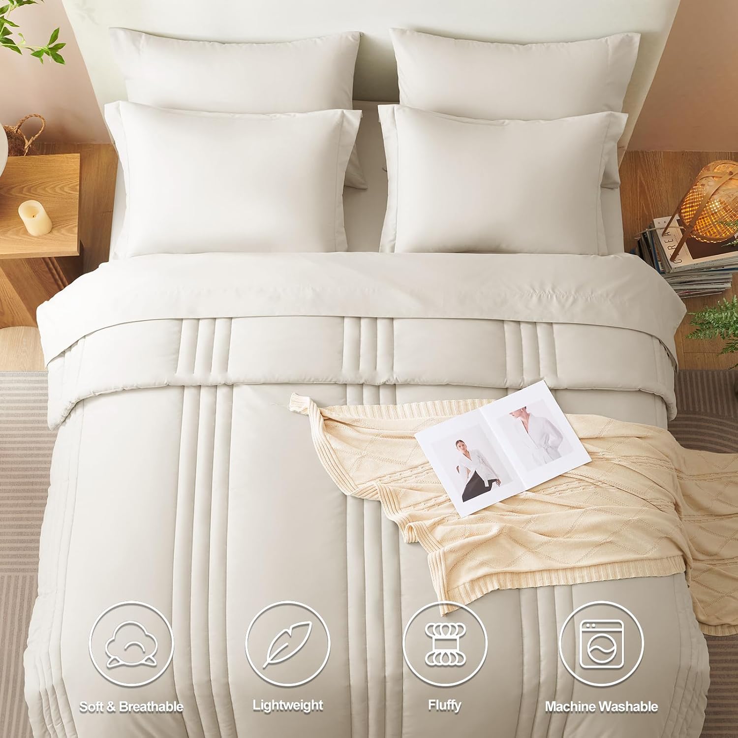 CozyLux Queen Comforter Set - 7 Pieces Bed in a Bag Beige Comforters Queen Size Bed Set, Soft Bedding Set with All Seasons Comforter, Sheets, Pillowcases & Shams - Image 2