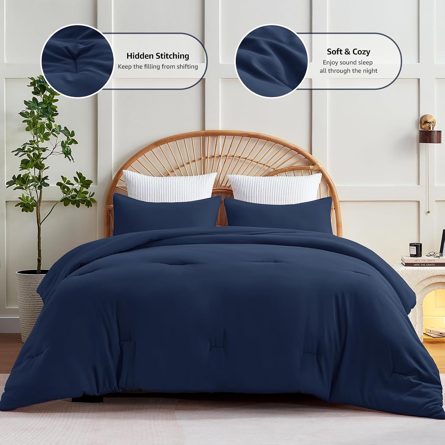 CozyLux Navy Blue Full Size Comforter Set, 3 Pieces Solid Breathable Quilted Style Bedding Sets, Luxury Fluffy Soft Bed Set with Down Alternative Comforter for All Season (1 Comforter & 2 Pillowcases) - Image 3