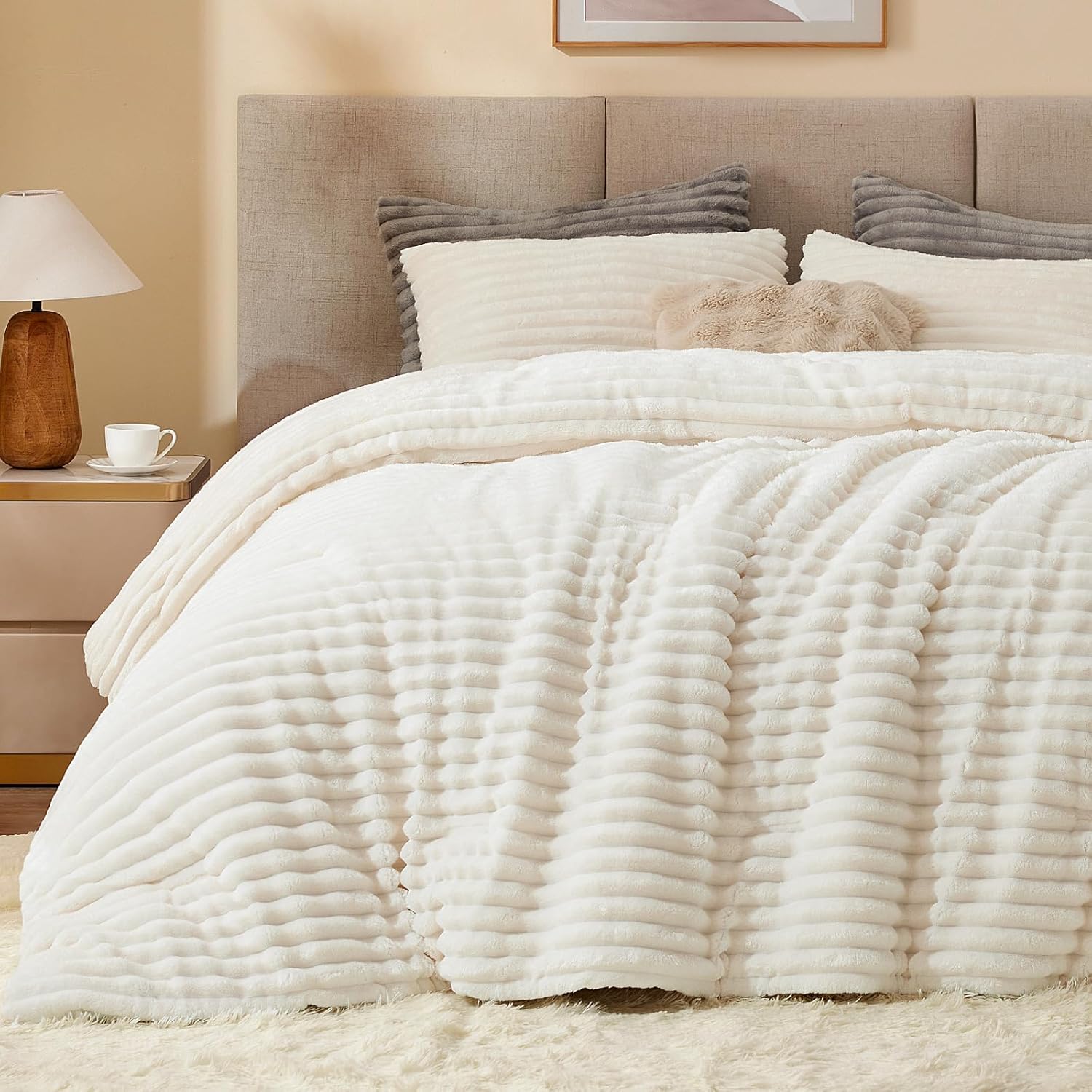 BEDELITE Fleece Queen Comforter Set -Super Soft & Warm Fluffy Cream White Bedding, Luxury Fuzzy Heavy Bed Set for Winter with 2 Pillow Cases - Image 23