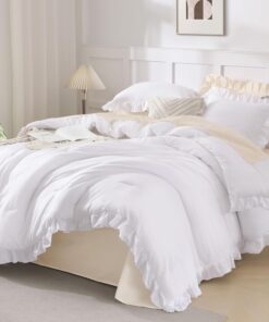 Andency White Comforter Queen Size, 3 Pieces Ruffle Shabby Chic Farmhouse Queen Comforter Sets, All Season Lightweight Fluffy Room Decor Bed Set for Girls Women Teens Gift Choice