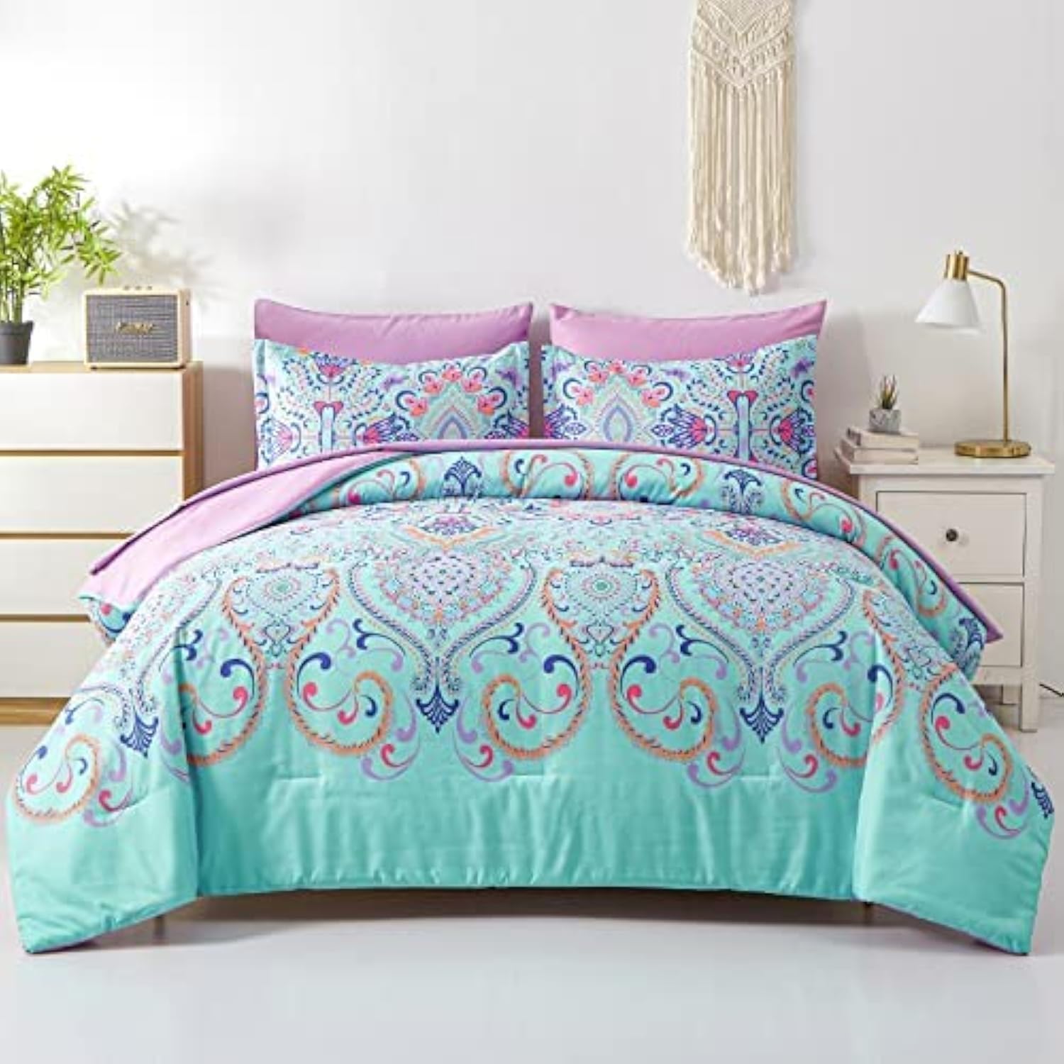 Boho Comforter Set Queen - 7 Pieces Bed in a Bag Floral Medallions Design, Bohemian Comforter Set with Sheets, Soft Microfiber Complete Bedding Sets All Season (Teal Blue, Queen) - Image 7
